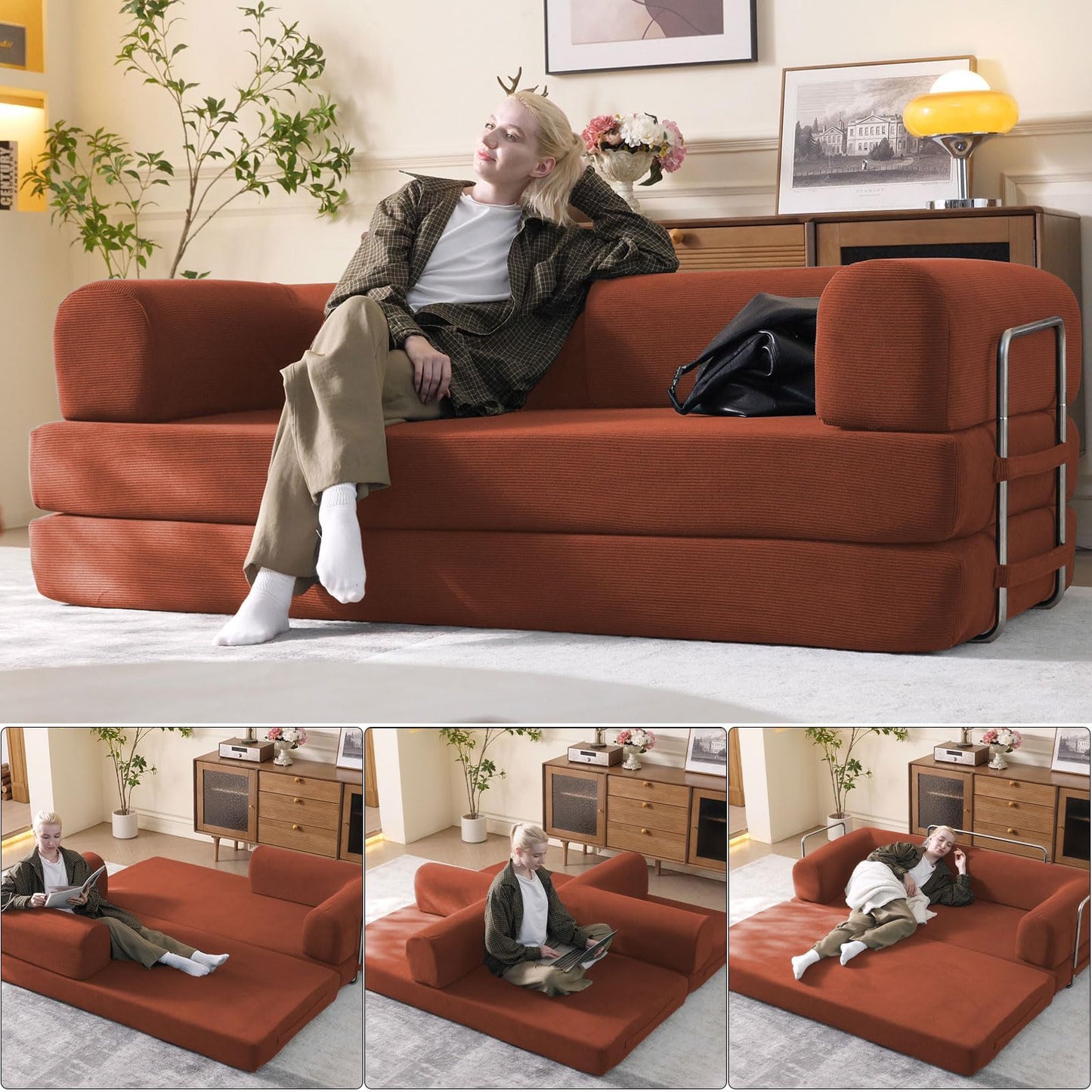 WHGBJA 79" Convertible Sleeper Sofa Bed with Cylindrical Pillow, Corduroy Folding Mattress Couch with Fixed-Shape Frame, Floor Sofa Lounge Couch for Living Room Bedroom Lounge Studio