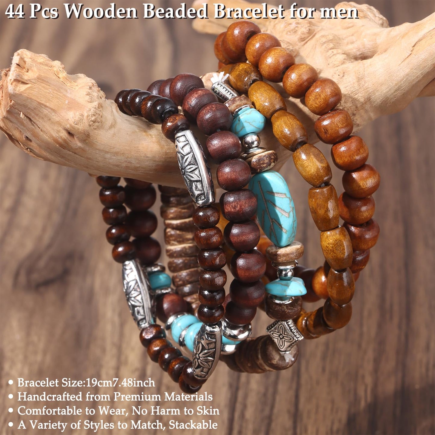Giovanchi 44 PCS Beaded Bracelets for Mens Larger Size Women Adjustable Boho Punk Braided Wooden Bead Bracelet Bulk Wood Bangles Wristbands Meaningful Jewelry Gift