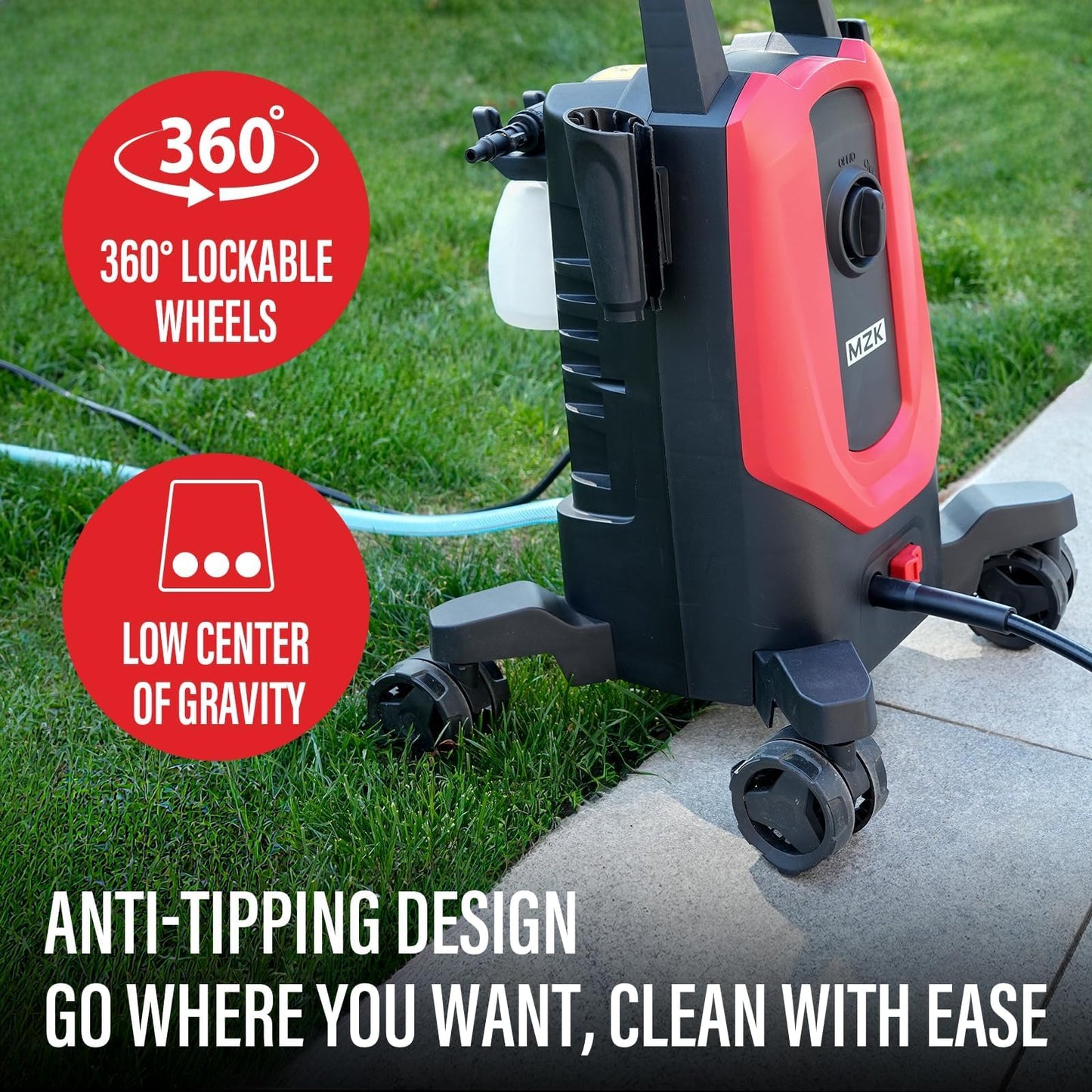 MZK Electric Pressure Washer,2600 Max PSI with Anti-Tipping Technology,4 Quick-Connect Nozzles,Foam Cannon for Easy Replacement,High-Pressure Cleaning of Cars,Fences ET2501