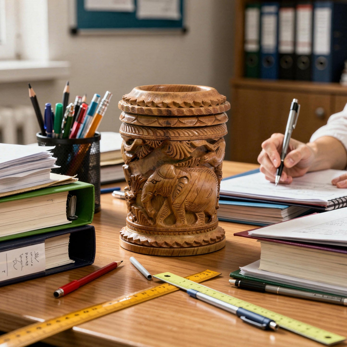 Craft Trade Hand Carved Wooden Pen Holder Desk Organizer, Elephant Design Pencil Holder Cup for Office Home School, Wooden Stationery Storage Box, Desk Decor, Camel Brown
