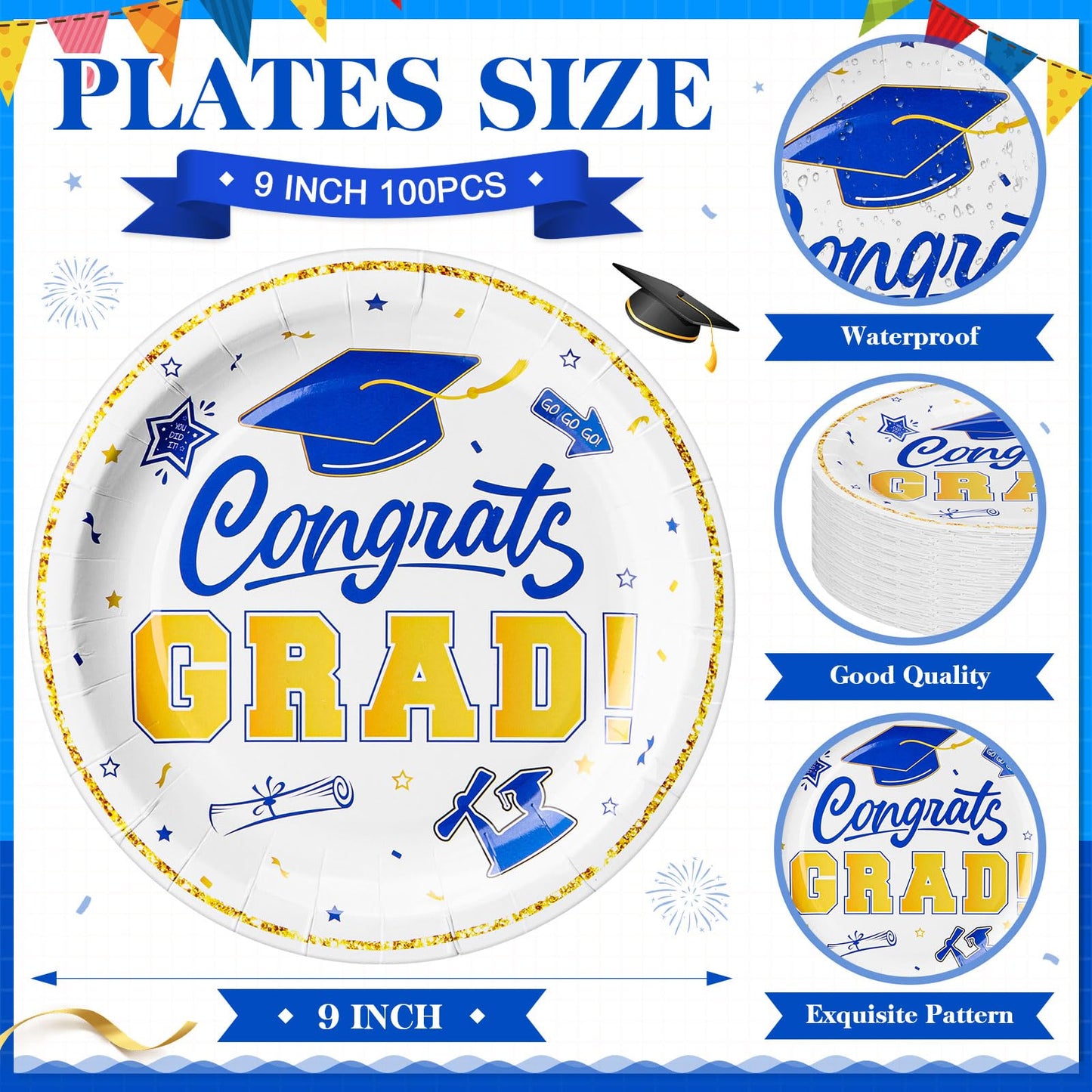 Sabary Blue White Gold 100 Pcs Graduation Paper Plates 2026 9 Inch Graduation Party Supplies Class of 2026 Decorations Congrats Grad Plates Disposable Plate Tableware (Classic)