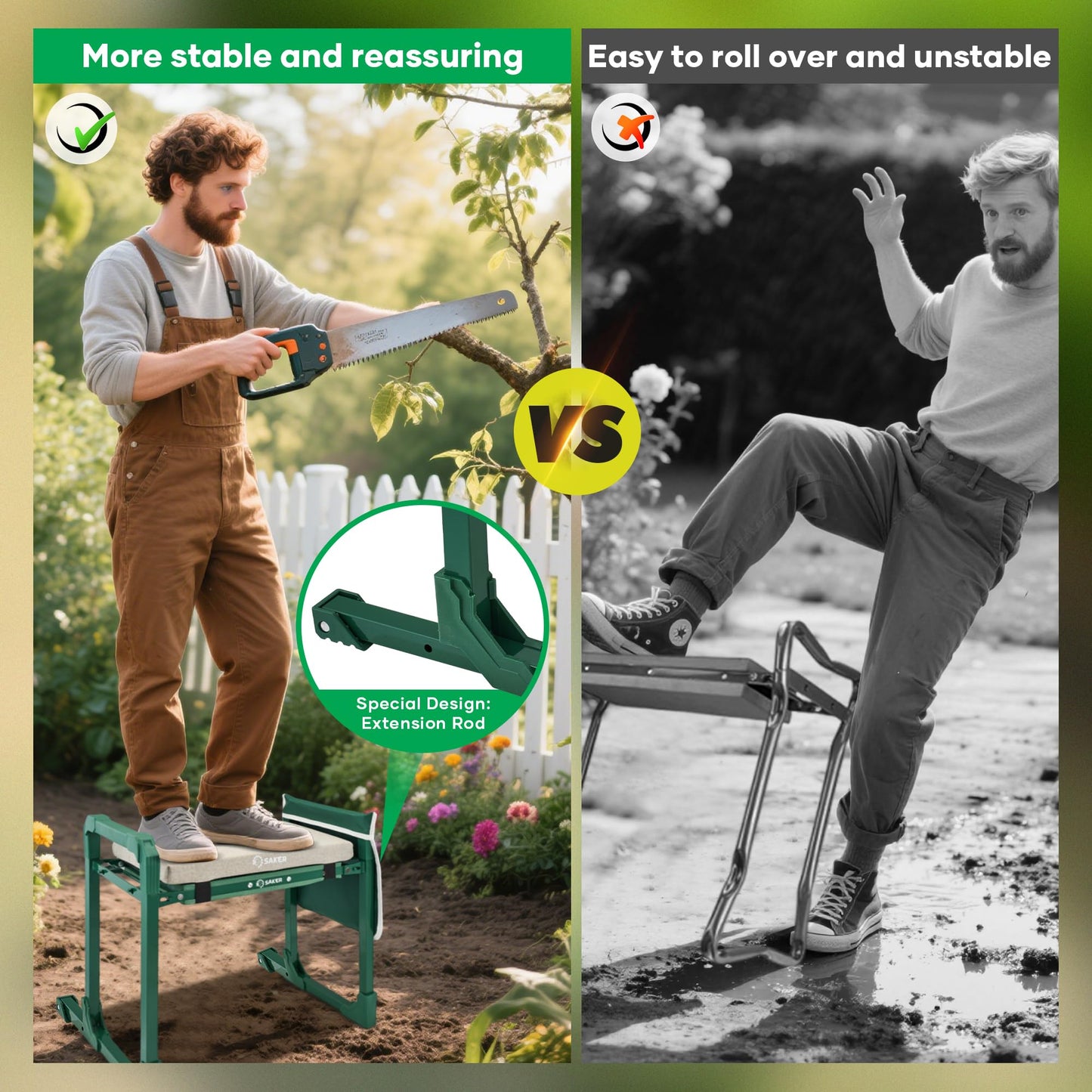 Saker Garden Kneeler and Seat Foldable Gardening Stool with Extendable Legs & Thickened Pad, Tool/Storage Bag, Heavy Duty 500lbs Support for Elderly, Gardening, Outdoor Use