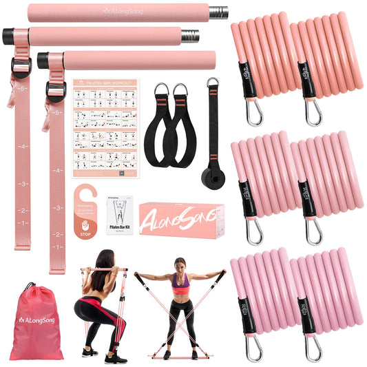 ALongSong Upgraded Pilates Bar Kit with Resistance Bands Natural Latex, Heavy-Duty Stainless Steel Multifunctional Yoga Pilates Stick for Home Gym Exercise Fitness Equipment Full-Body Workouts
