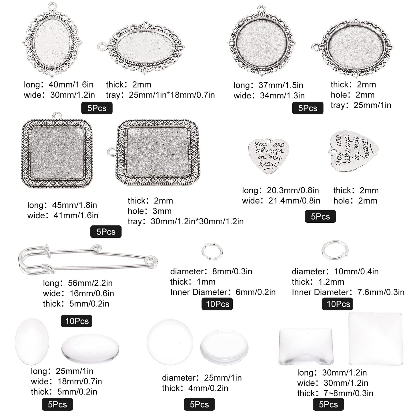 SUNNYCLUE 1 Box 65Pcs Wedding Bouquet Charms Memorial Picture Charm Oval Round Square Brooch Pins Glass Cabochons Silver Heart Pendants for Jewelry Making Women Men DIY 10Pcs Brooches Supply