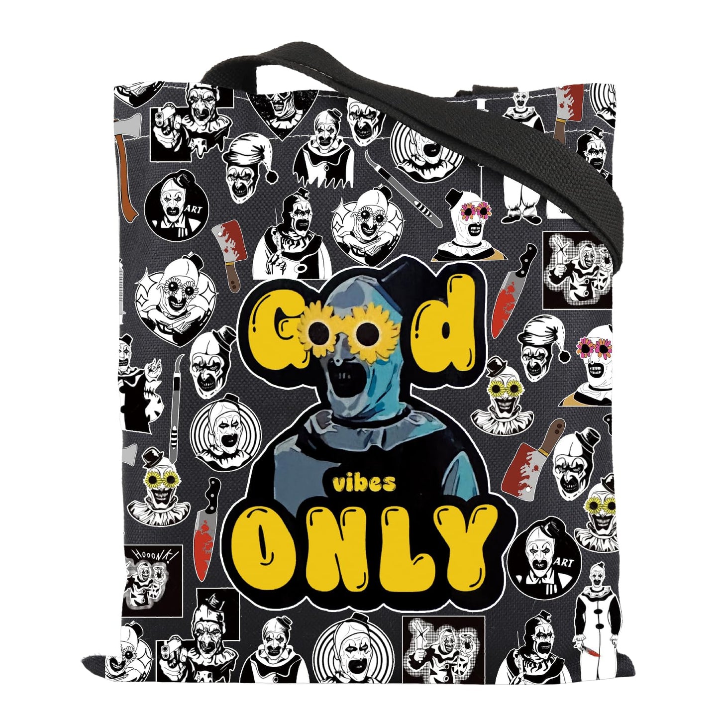 ENSIANTH Sunflower Glasses Clown Tote Bag Horror Slasher Serial Killer Movie Lover Gift Scary Halloween Thriller Handbag (Good Vibes bag)