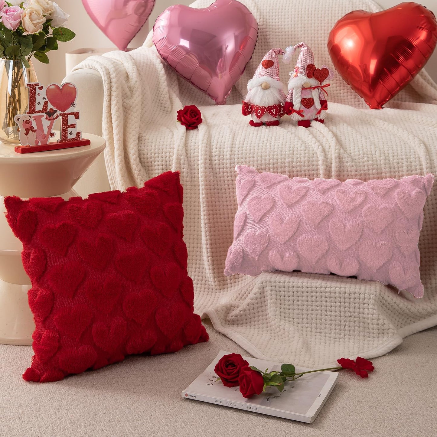 DFXSZ Valentines Pillow Covers 12x20 inch Set of 2 Valentines Day Decoration Pink Heart Soft Plush Faux Fur Jacquard Throw Pillows for Bedroom Sofa Holiday Festivals Home Decor PTK017B12