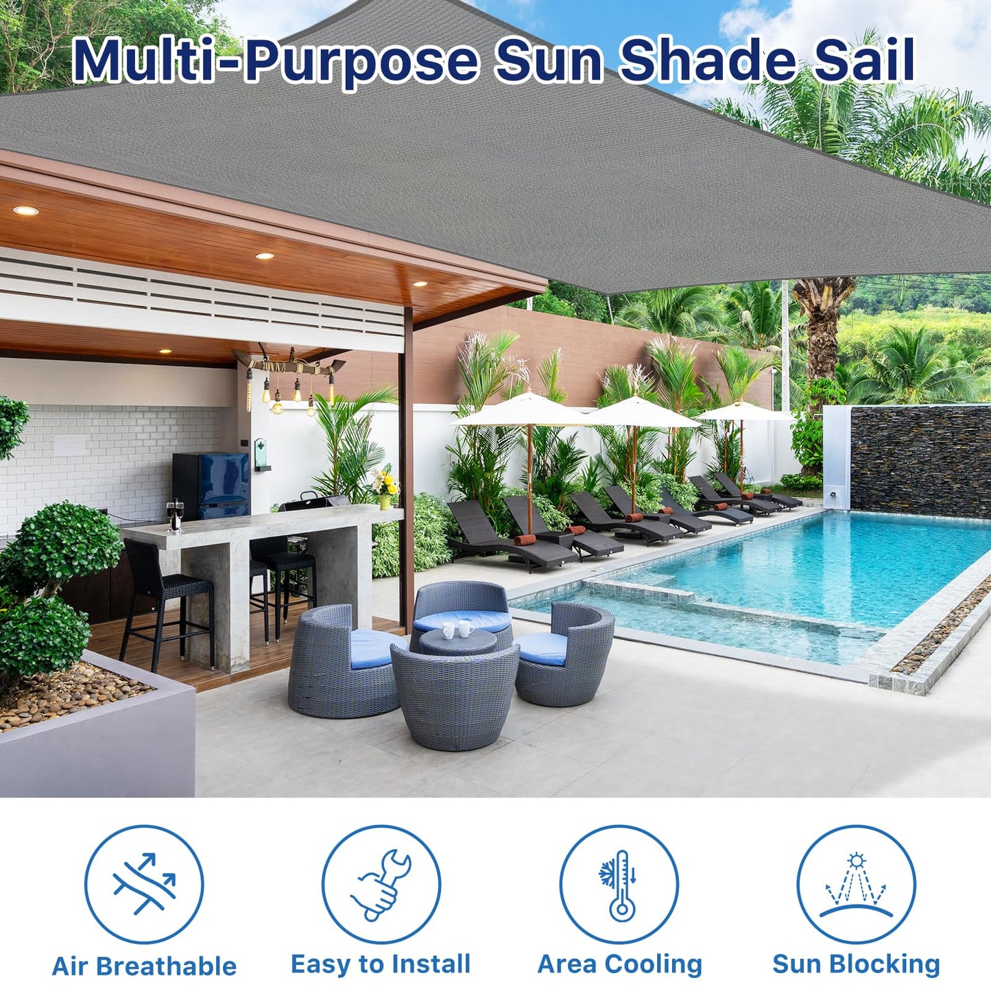 RoomHacks 10'x13' Sun Shade Sail, UV Protection Outdoor Shade, Curved Tear Resistant Heavy Duty Sun Shade for Patio Garden, Backyard, Deck, Car Port, Playground, (Grey)