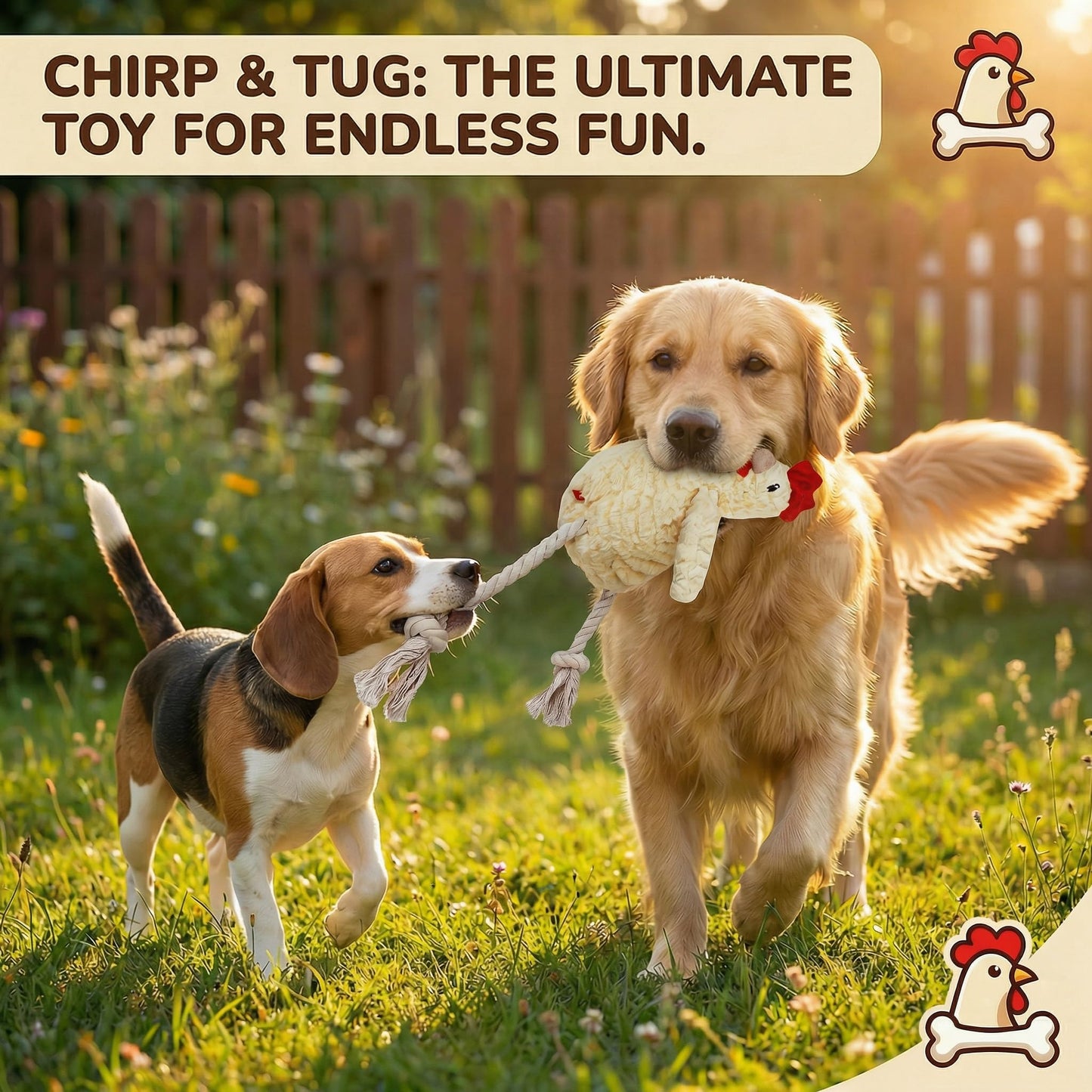 Paw-FECT Piece Soft Plush Chicken Dog Toy, with Sqeaking Sound, Durable Rope Feet, and Crinkle Wings, Emotional Support Companion Chew Toy, Great for All Breeds of Dogs
