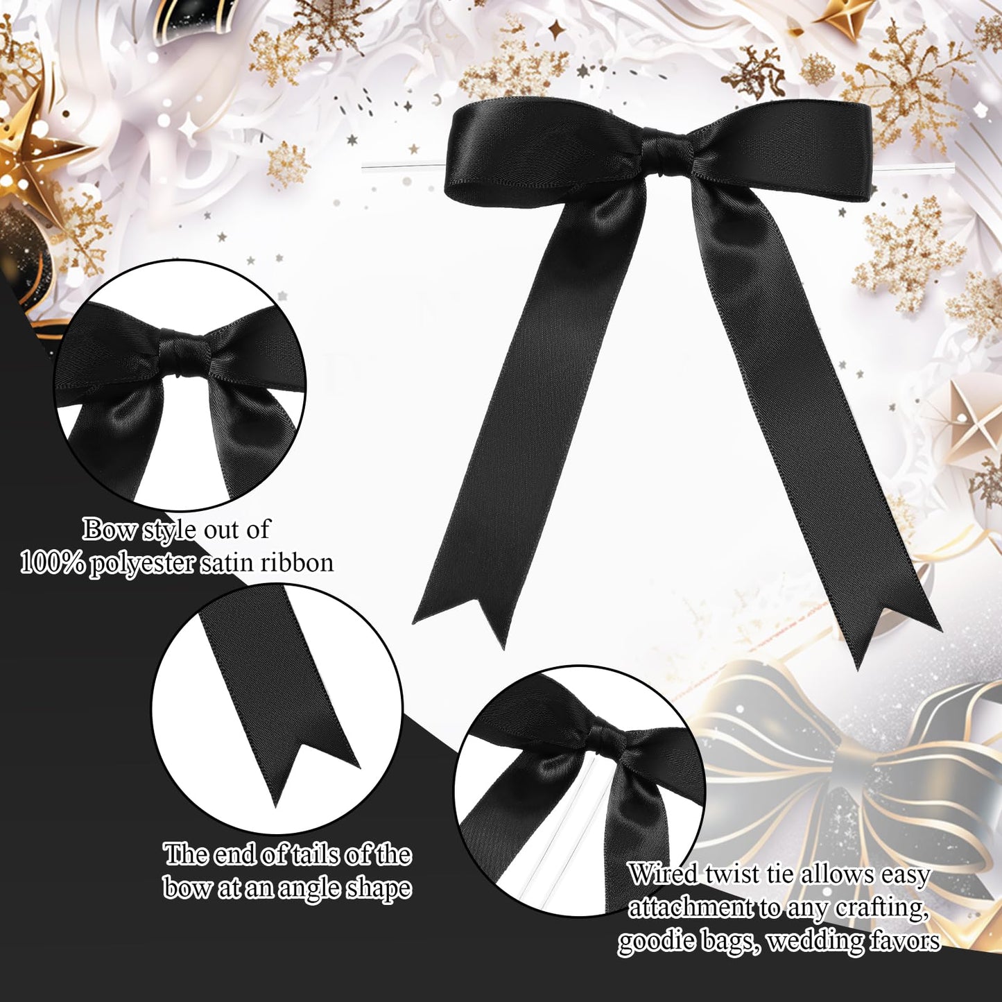 Riceshoot 50 Pcs Black Satin Ribbon Bows 5x7 Inch Large Twist Tie Bow for Gift Wrapping Champagne Bottle Balloon Treat Bag DIY Craft Decor Wedding Bridal Baby Shower Birthday Holiday Party
