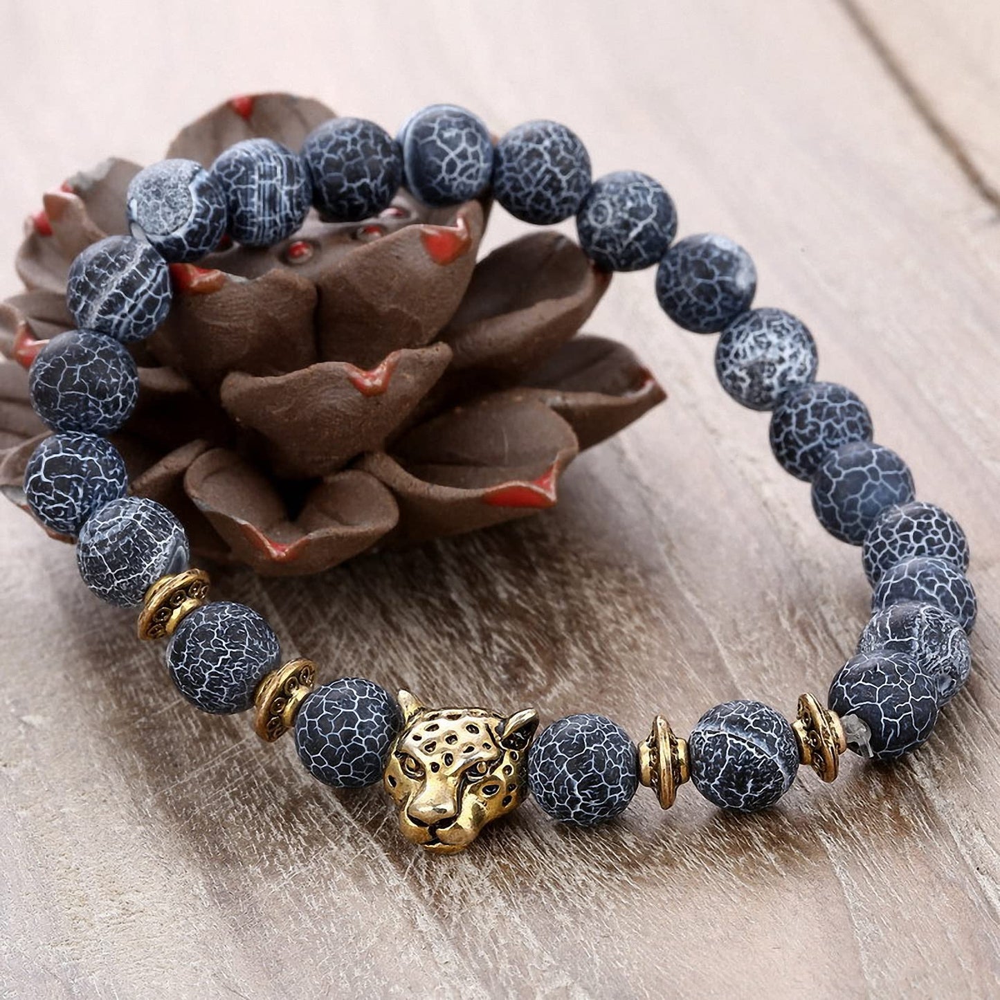 Unisex 8 mm Volcanic Lava Rock Gold Plated Panther Leopard Head Bead Buddha Bracelet Natural Stone Anti-Anxiety Essential Oil Diffuser Energy Balance Stress Relief Reiki Chakra Healing Yoga Meditation