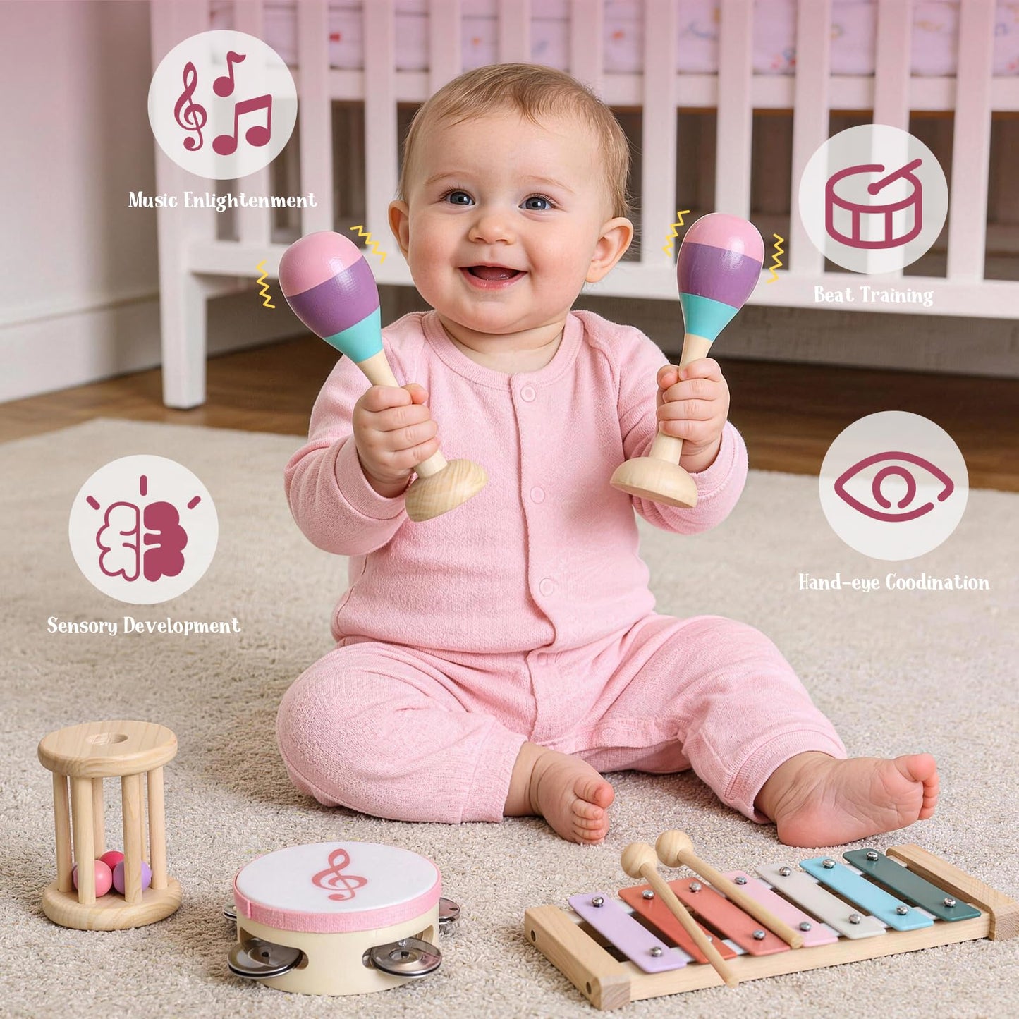 Toyssa Baby Musical Instruments, Montessori Wooden Musical Toys for Toddlers 2-3 with Xylophone Maracas Tambourine and Gift Box Kids Preschool Educational Birthday Gifts for 2 3 4 5 Year Old