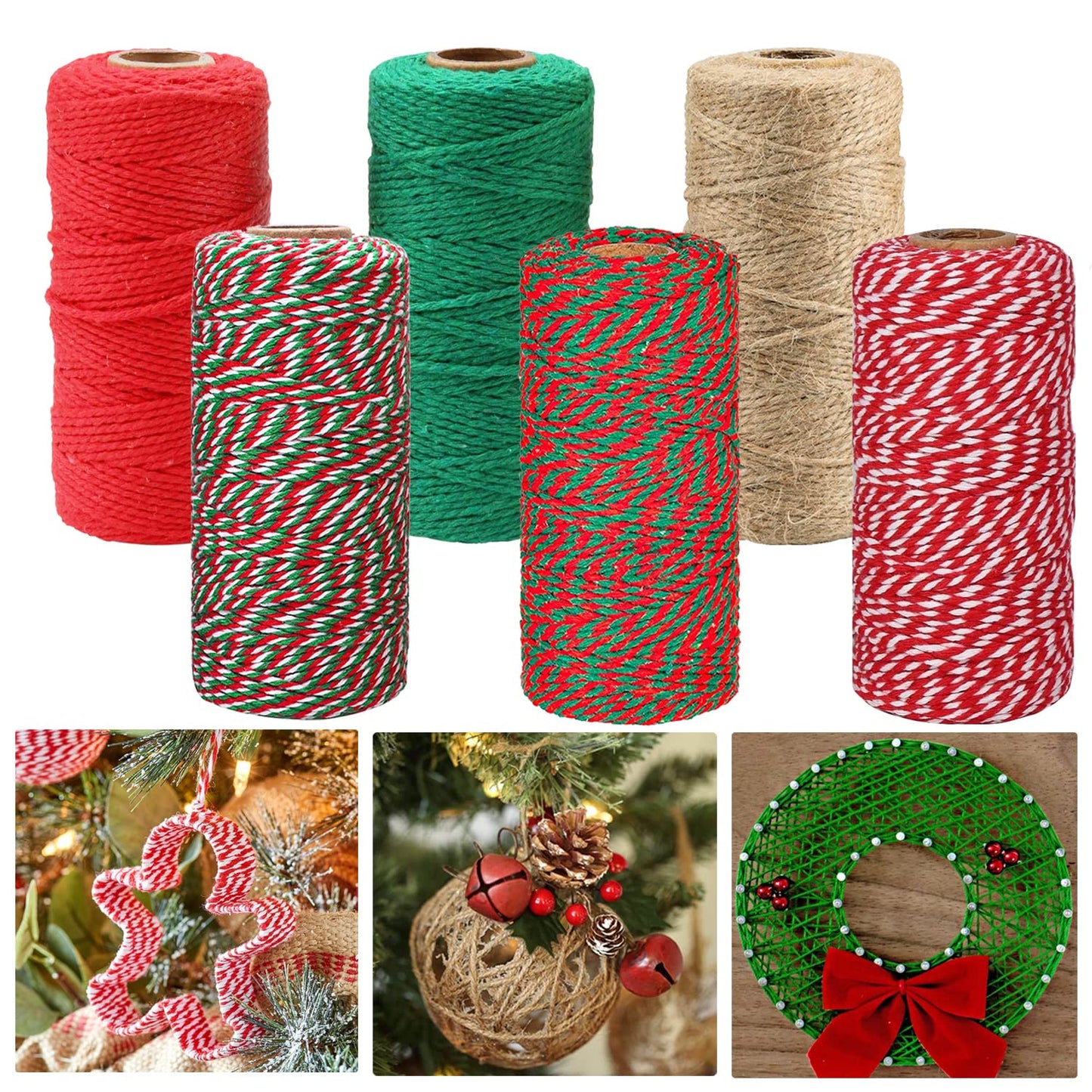 Doumeny 6 Rolls Christmas Cotton Twine 984 Feet Xmas Bakers Cotton String Rope Red Green White Gift Wrapping Cord Natural Jute Ribbon Twine for Holiday Packing Baking Butchers DIY Handmade Arts Crafts