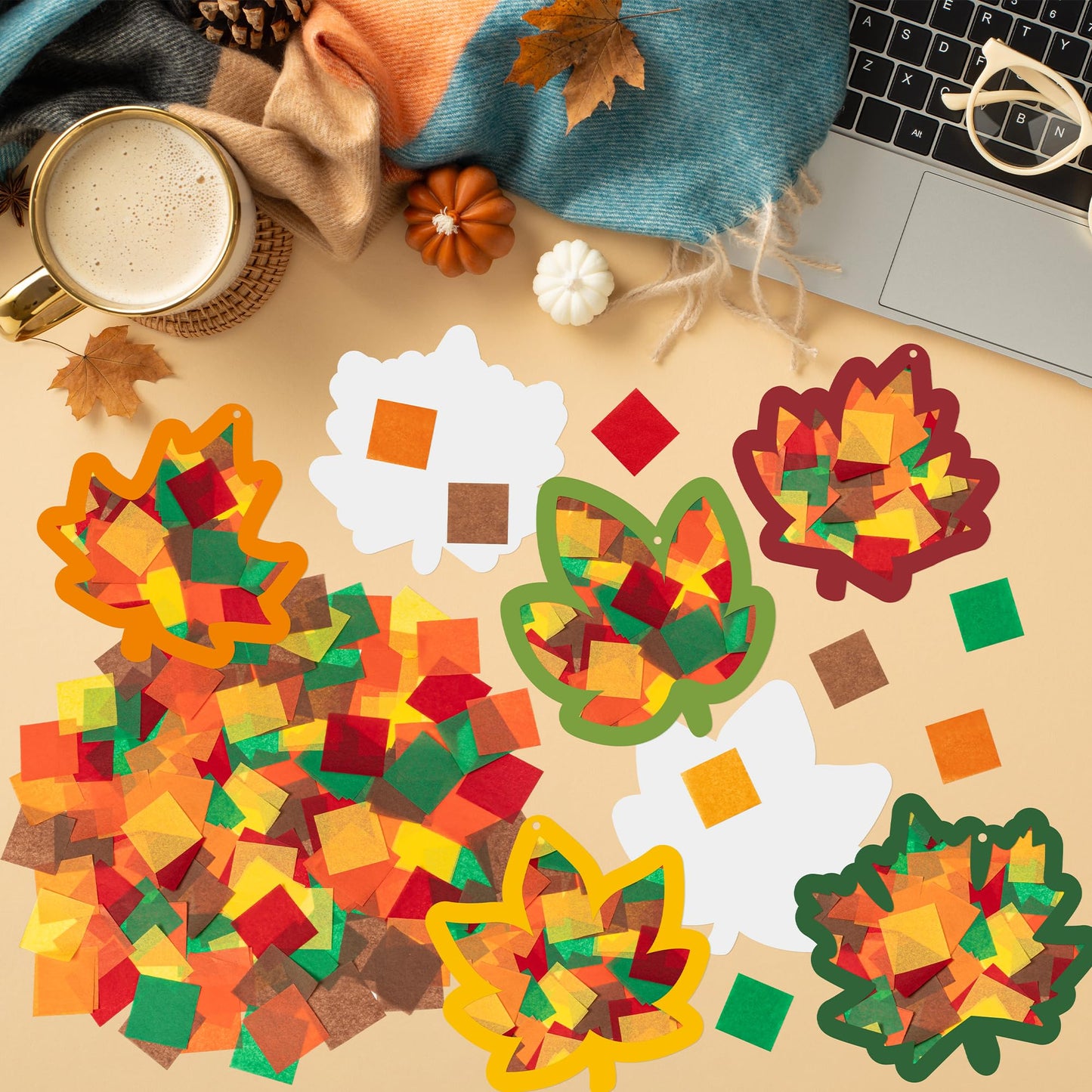 CJiangpo 24 Sets Fall Maple Leaves Suncatcher Paper Craft Kits, DIY Stained Glass Effect Window Ornament Rainbow Tissue Paper Art Craft Classroom Activities Supplies Thanksgiving Party Decor