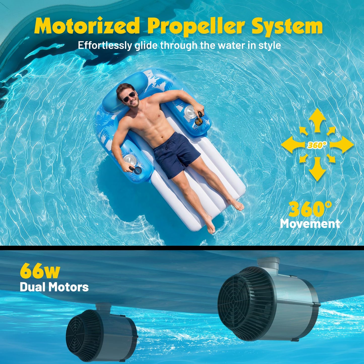 HopeRock Inflatable Motorized Pool Floats for Adults - Rechargeable Pool Lounger with Dual Motors & 2 Storage Compartments, Electric Water Lounger Float, Pool Raft Holds up to250lb, Pool Toys Adults