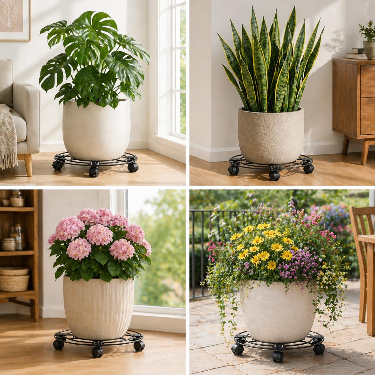 3 Packs 13.5" Large Metal Plant Caddy with Wheels Iron Metal Rolling Plant Stands Heavy-duty Plant Roller Base Pot Movers Indoor Outdoor Plant Dolly with 5 Casters Plant Trolley Coaster Holder