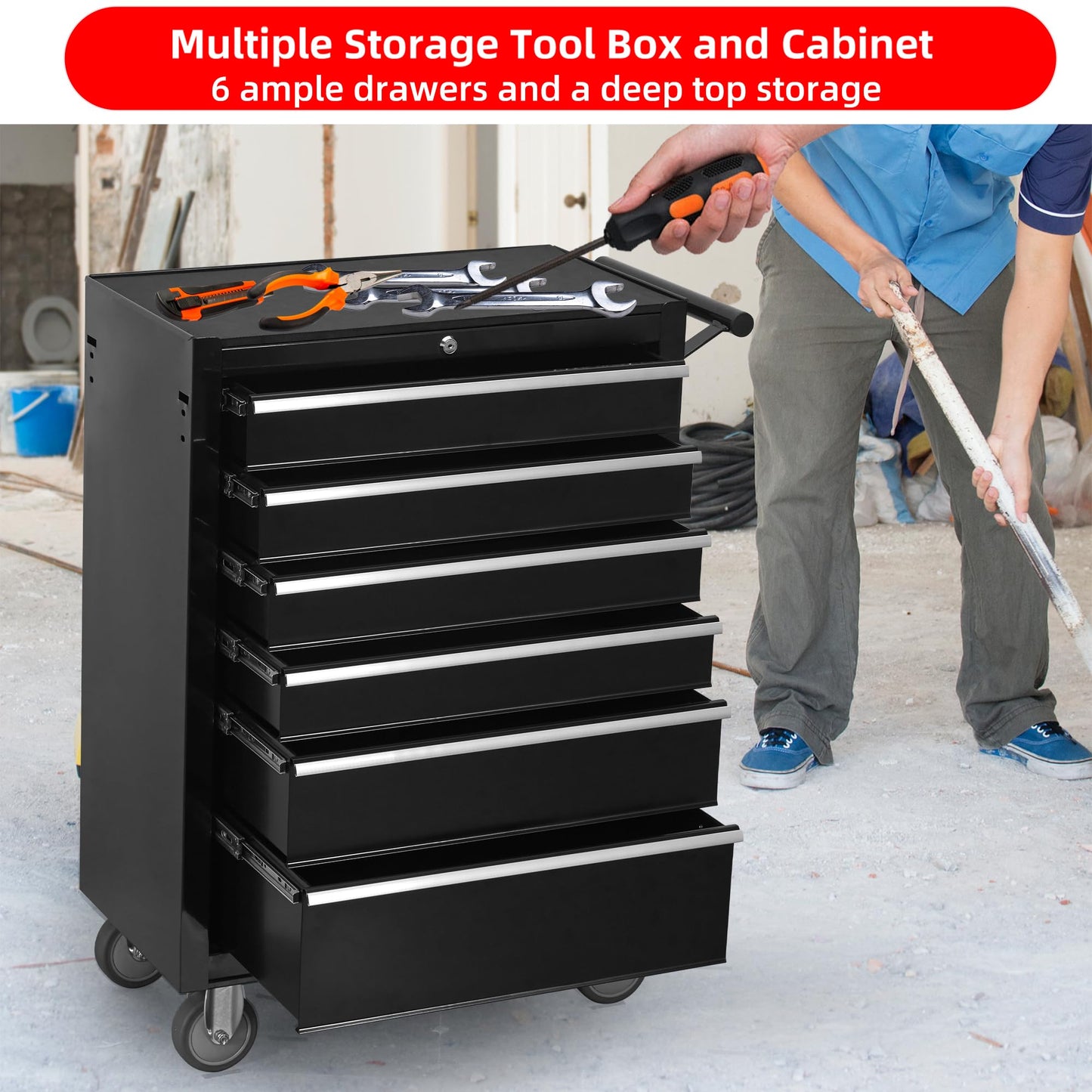 QSOSTNS 6-Drawer Rolling Tool Chest Cabinet, Large Capacity Metal Tool Box with Wheels and Keyed Locking, Roll Around Storage Organizer Tool Cart for Garage, Warehouse, Work Shop (Black)