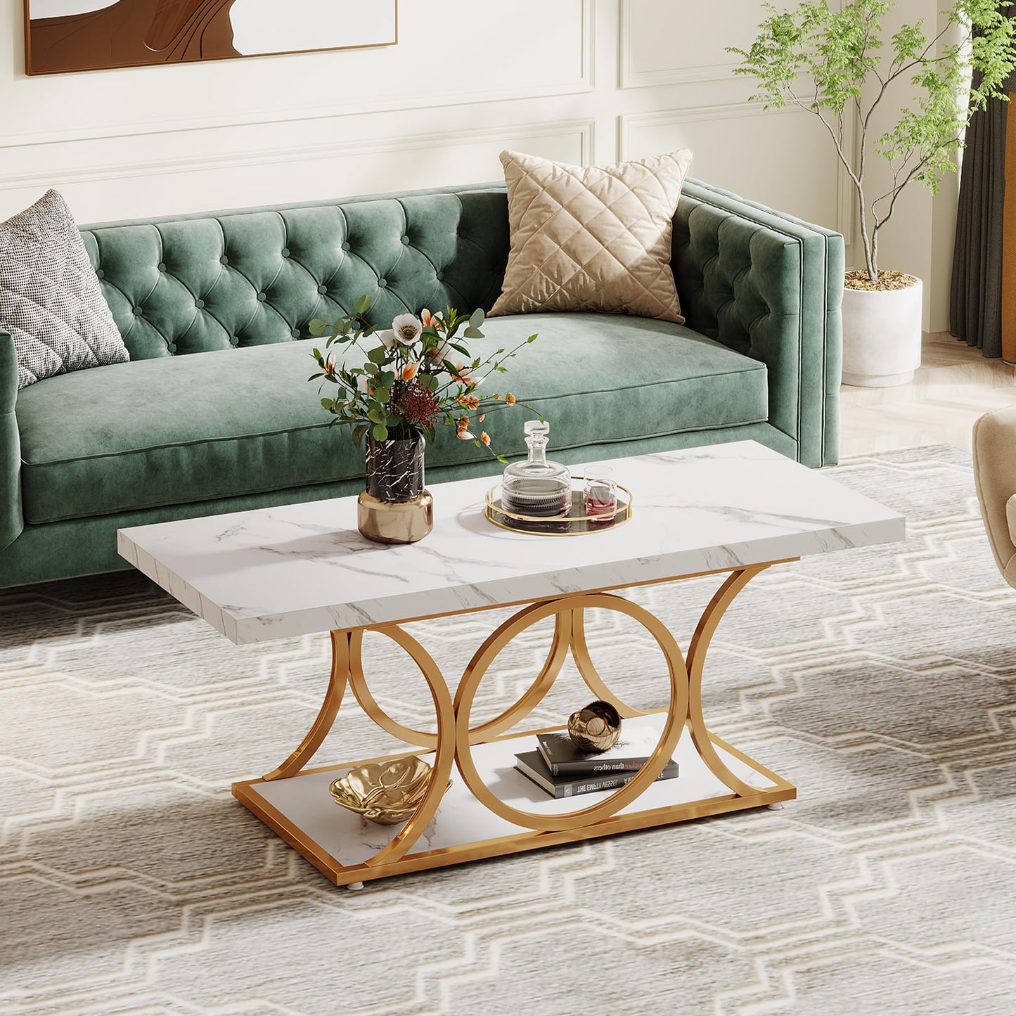 Tribesigns 46.45” Rectangle Coffee Table, Modern Coffee Tables for Living Room, 2-Tier Faux Marble Wood Coffee Table with Geometric Legs, Furniture with Storage Shelf (White & Gold)