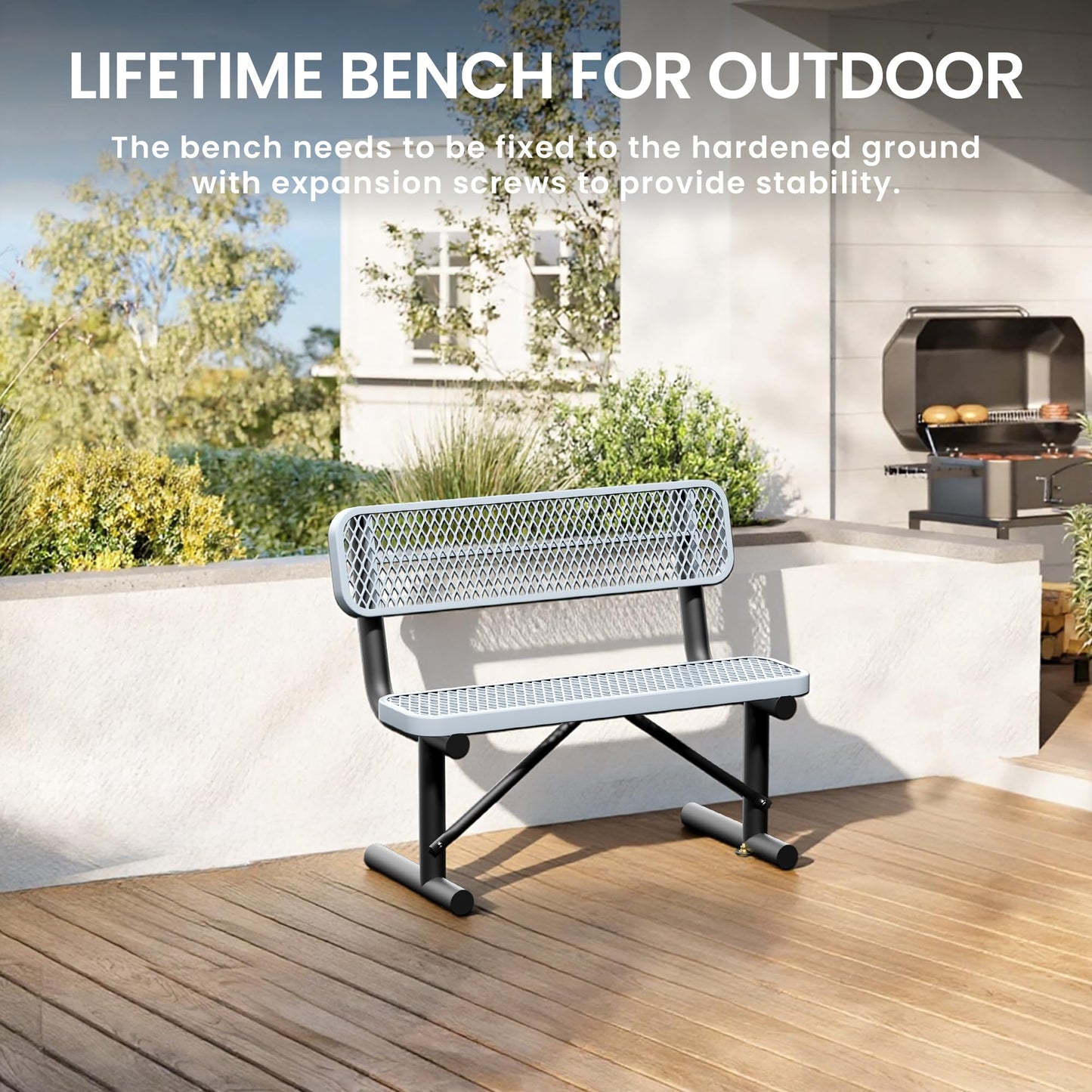 Sunnibety 4 Feet Steel Park Bench for Outside, Outdoor Bench with Backrest & Portable Frame, Commercial Benches for Shopping Malls, Stores, Parks, Patios, Decks, Grey