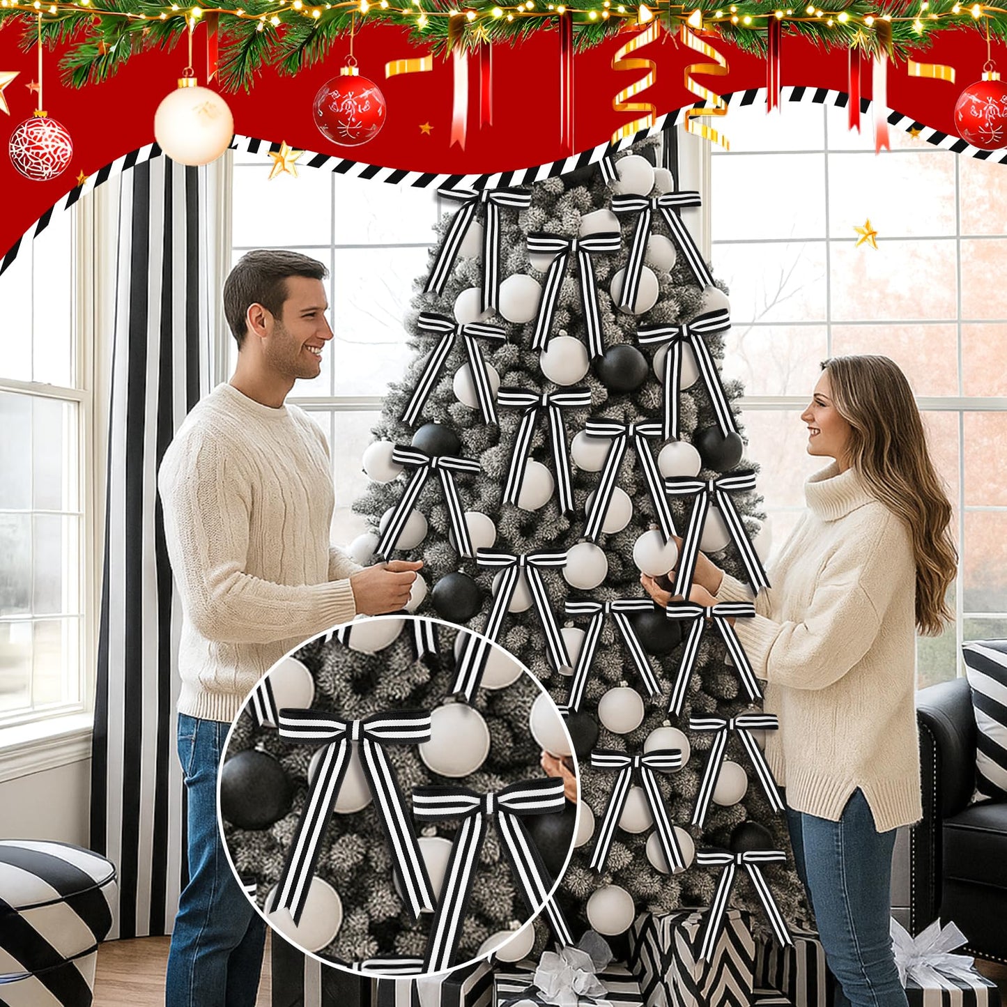 Riceshoot 24 Pcs 5x7 Black White Stripe Twist Tie Bows for Christmas Tree Memorial Gift Wrapping Bag Xmas Decoration Ribbon for Gothic Spooky Holiday Birthday Party Wreath DIY Craft (1 Inch Wide)