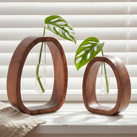 Houmury Walnut Wood Propagation Station Set of 2 Hydroponic Glass Test Tube Vases 7.5” & 5.8” for Plants Cuttings Modern Farmhouse Table Centerpieces for Home Office Desk Decor