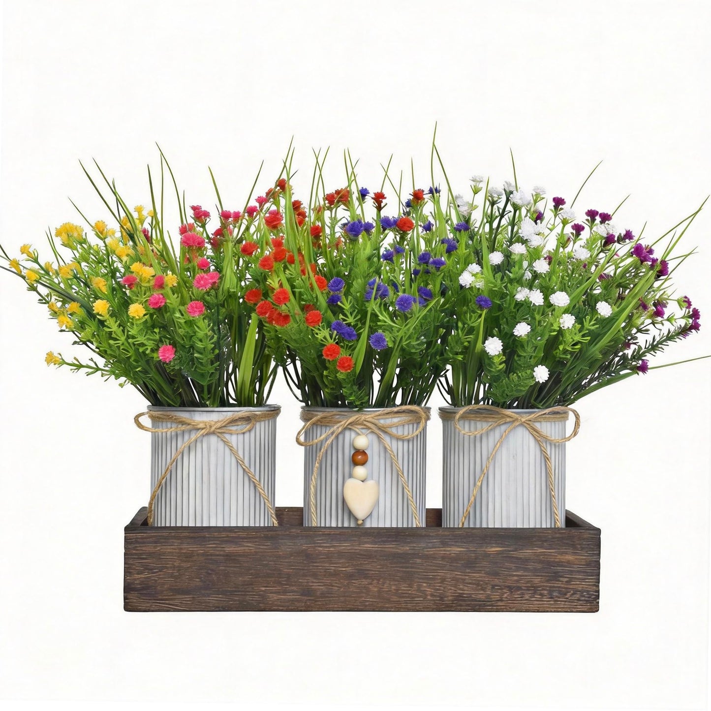 CANCLEAR Artificial Baby’s Breath (Gypsophila) Centerpiece — 3-Metal-Pot Rustic Table Decor on Wooden Tray, Faux Gypsophila Bouquet for Home, Wedding, Party, Living Room & Dining Table Decor