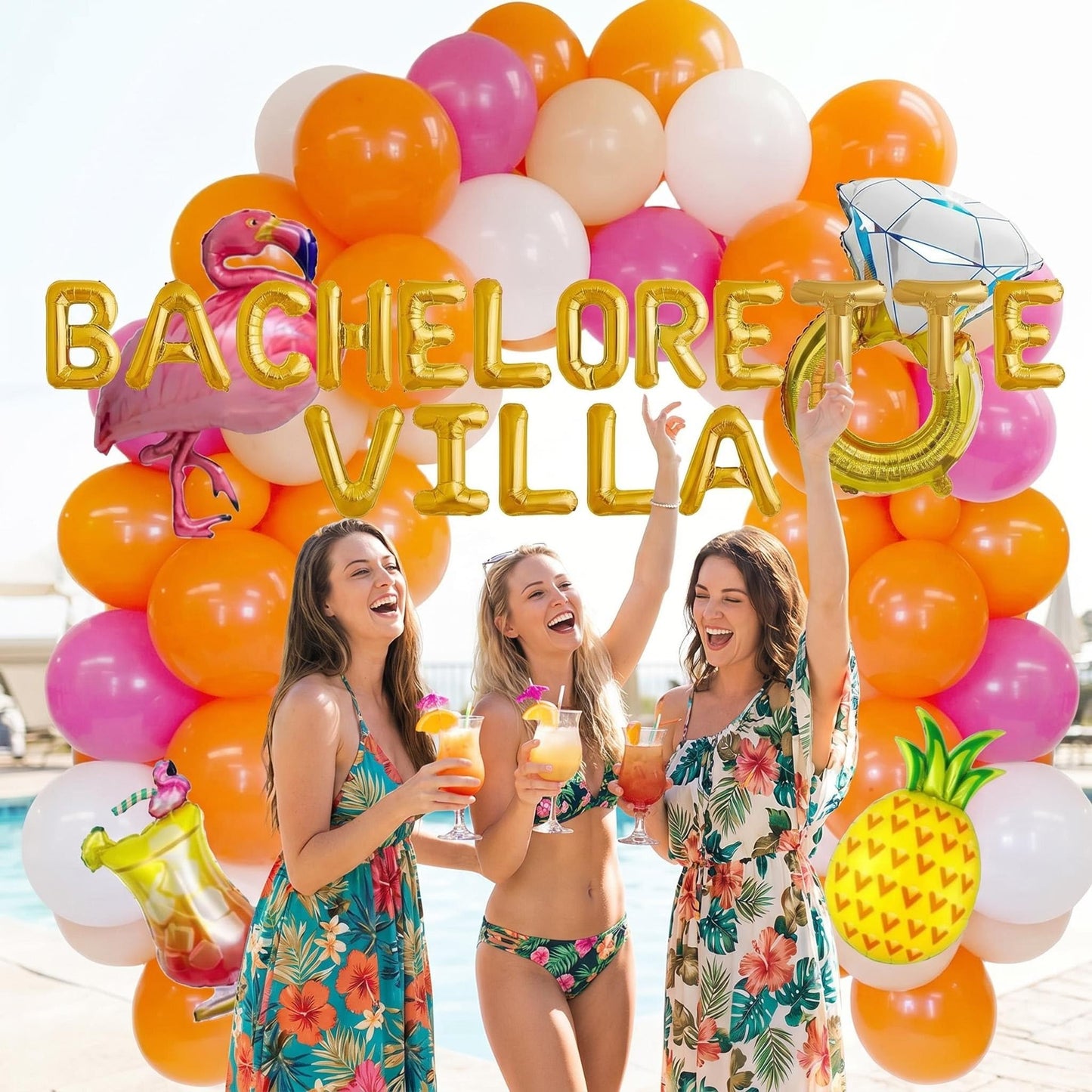 Bachelorette Villa Party Decorations Kit - Tropical Island Theme Balloon Banner with Flamingo, Pineapple, and Giant Ring Balloons - Beach Bridal Shower, Luau Party Supplies, Hot Bride Summer Backdrop