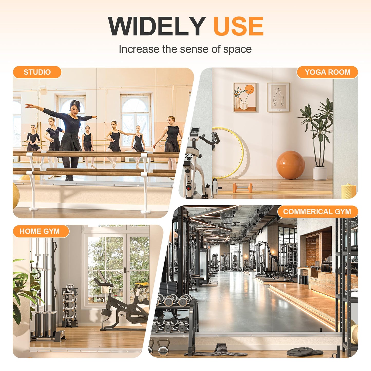 Hasipu Home Gym Mirror, 48"x24" Each, 2-Pack Frameless Wall Mounted Mirrors with Glass Clamps & 1 Aluminum Rail, Large Body Mirror for Home Gym, Yoga Studio, Bedroom, Silver Tempered Glass
