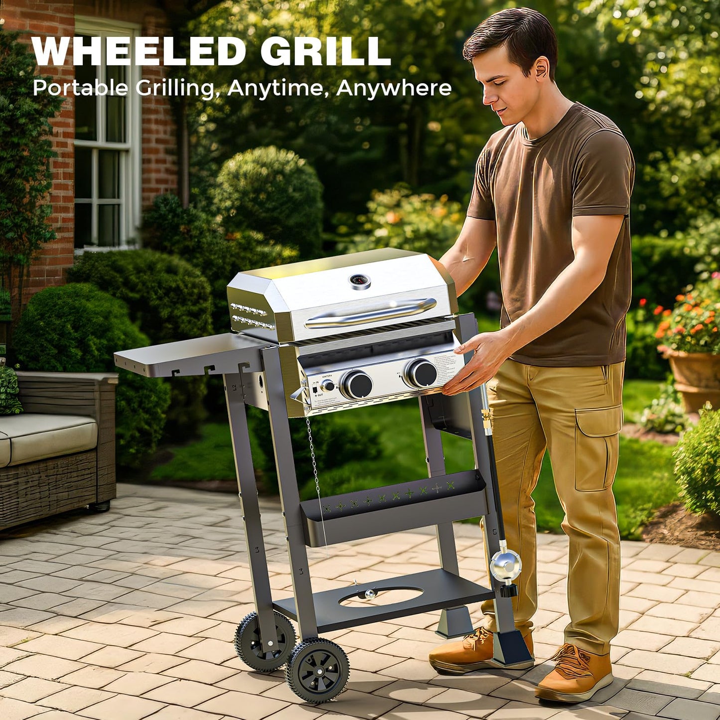 ‌2-Burner Gas Grill, Stainless Steel 160,00 BTU BBQ Grill with Foldable Side Shelves & Storage Shelf – Ideal Propane Grill for Outdoor Barbecues, Patio Gatherings, and Camping