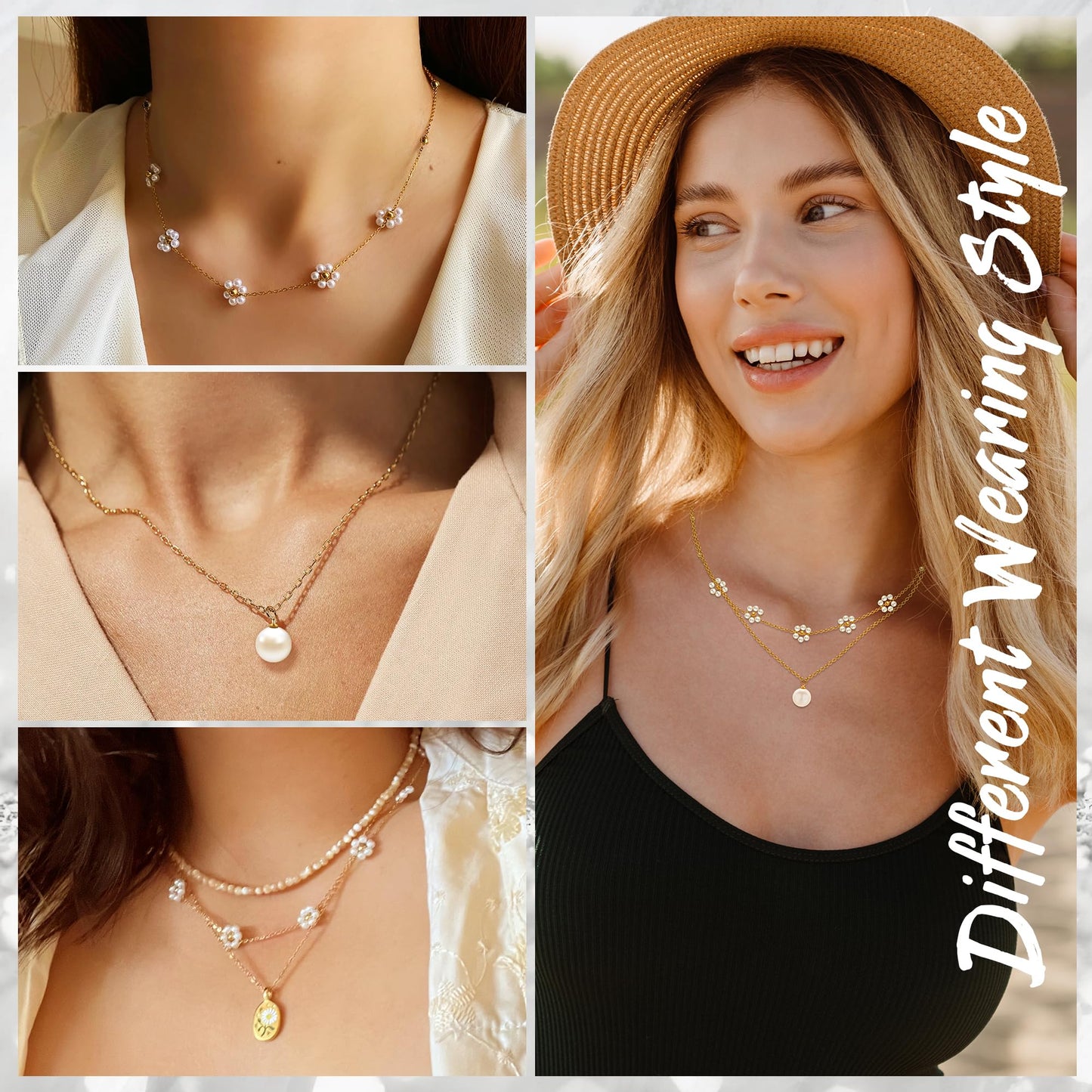 Trinckle Daisy Pearl Necklace, Dainty Daisy Necklace for Women Pressed Flower Jewelry as Prom Gifts, 18K Gold Choker for Women Beach Jewelry Summer Accessories