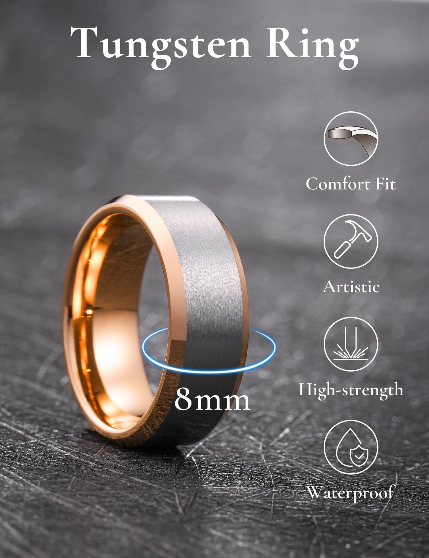 King Will 8mm Classic Tungsten Rings for Men Two-Tone Mens Wedding Bands Simple Engagement Promise Ring Matte Brushed Beveled Edges Comfit Fit Durable, Silver & Rose Gold Plated Size 8