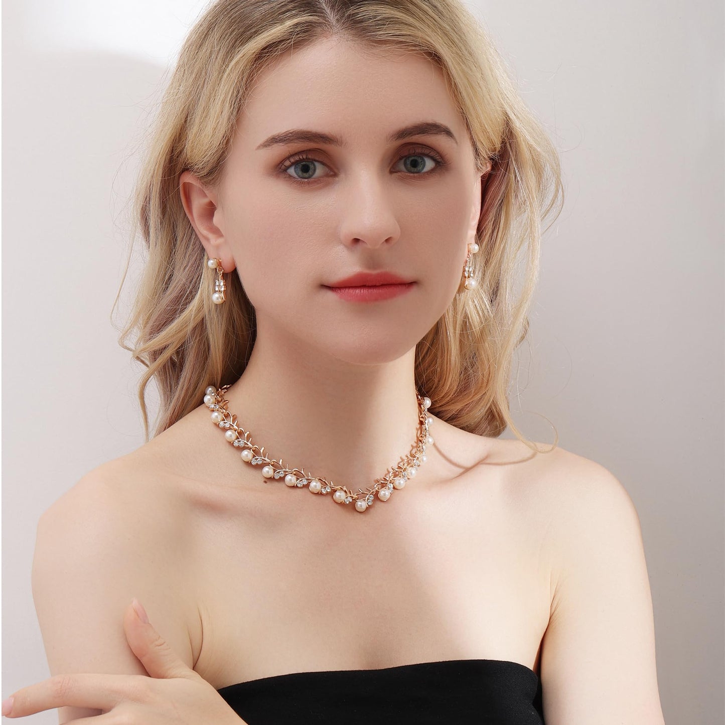 AILUOR Pearl Jewelry Set for Women, 14K Gold/Silver Plated Pearl Necklace, Earring Set and Choker - Wedding Bridal Gift (3pcs Gold)