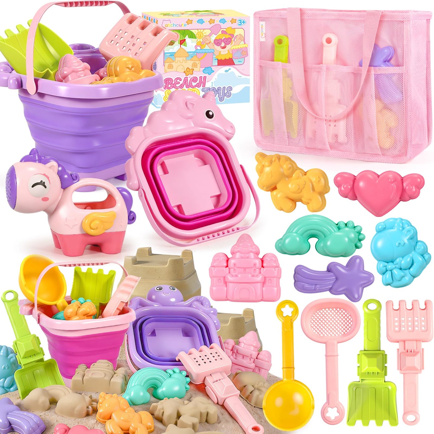 CatchCute Unicorn Collapsible Beach Toys,Sand Toys Set with Animal Foldable Buckets,Shovels,Sifter,Sand Molds,Castle Building Kit & Mesh Storage Bag,Beach Travel Essentials for Kids Toddlers