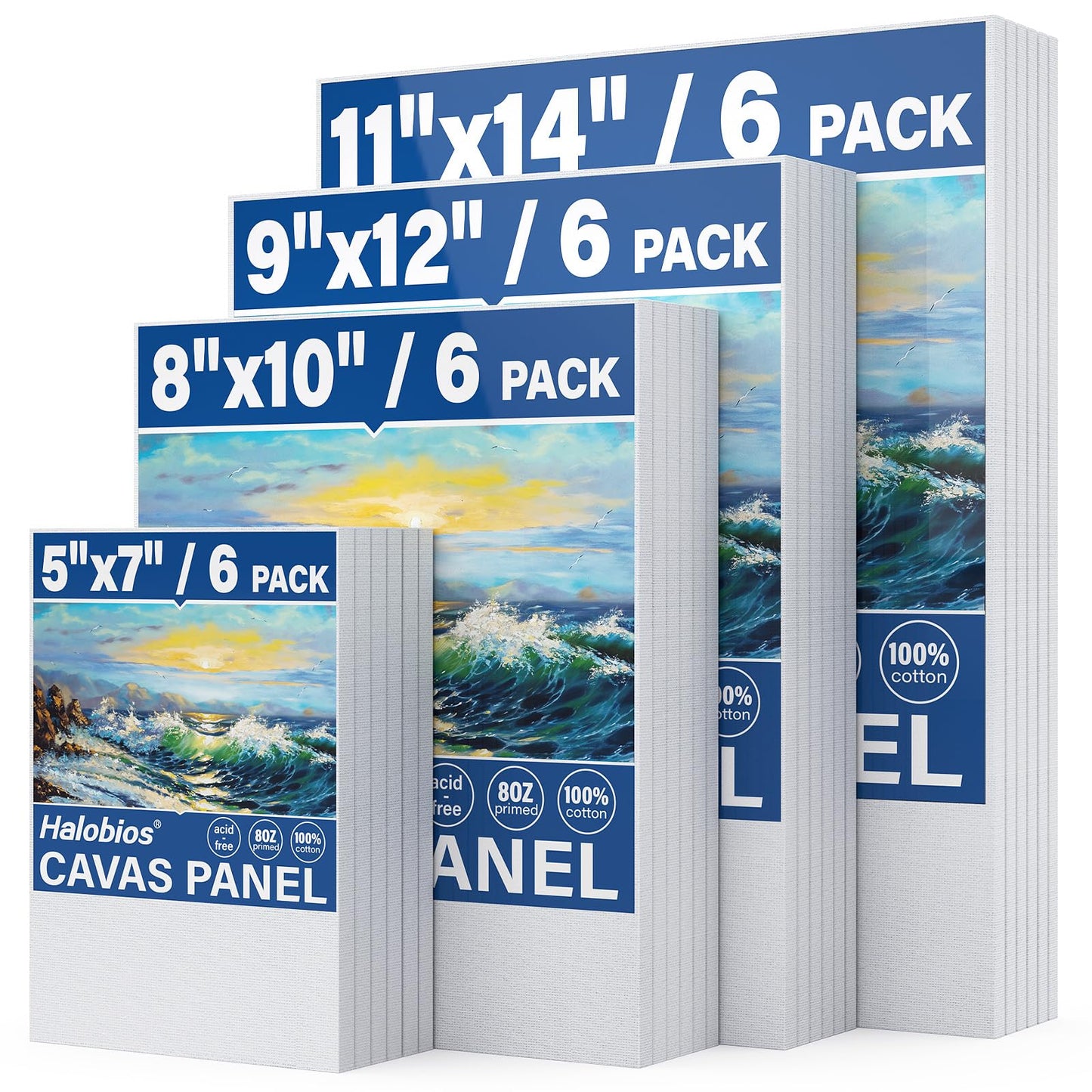 Halobios 24-Pack Canvas Boards for Painting, 6 of 5x7 8x10 9x12 11x14 Canvas Panels for Kid & Adults 100% Cotton Gesso Primed Art Painting Supplies for Acrylic, Oil, Tempera & Watercolor
