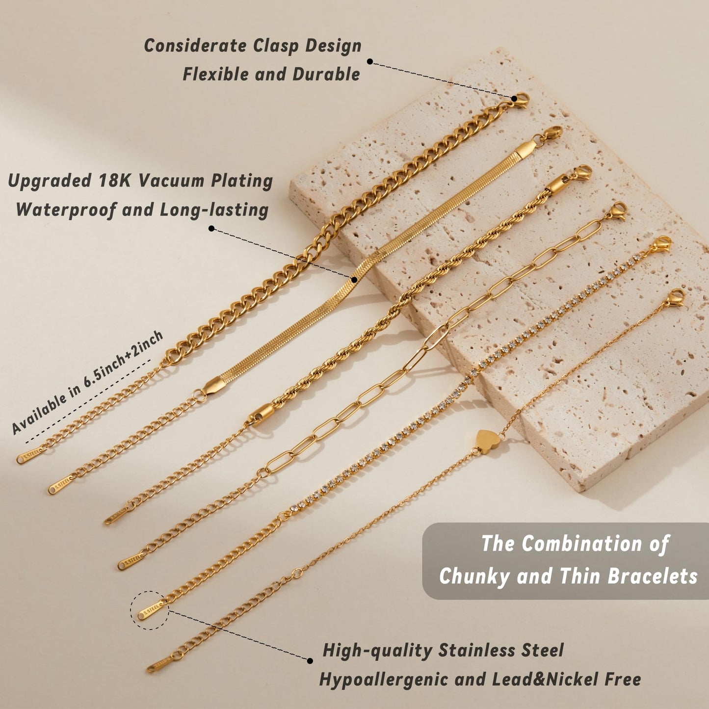 LOFITOR Gold Bracelets for Women Dainty Non Tarnish Link Chain Bracelets Set for Women Trendy Adjustable Chunky Thin Bracelets Stack Layered With Cuff Beaded Cuban Rope CZ Heart Cross Jewelry Gifts Heart