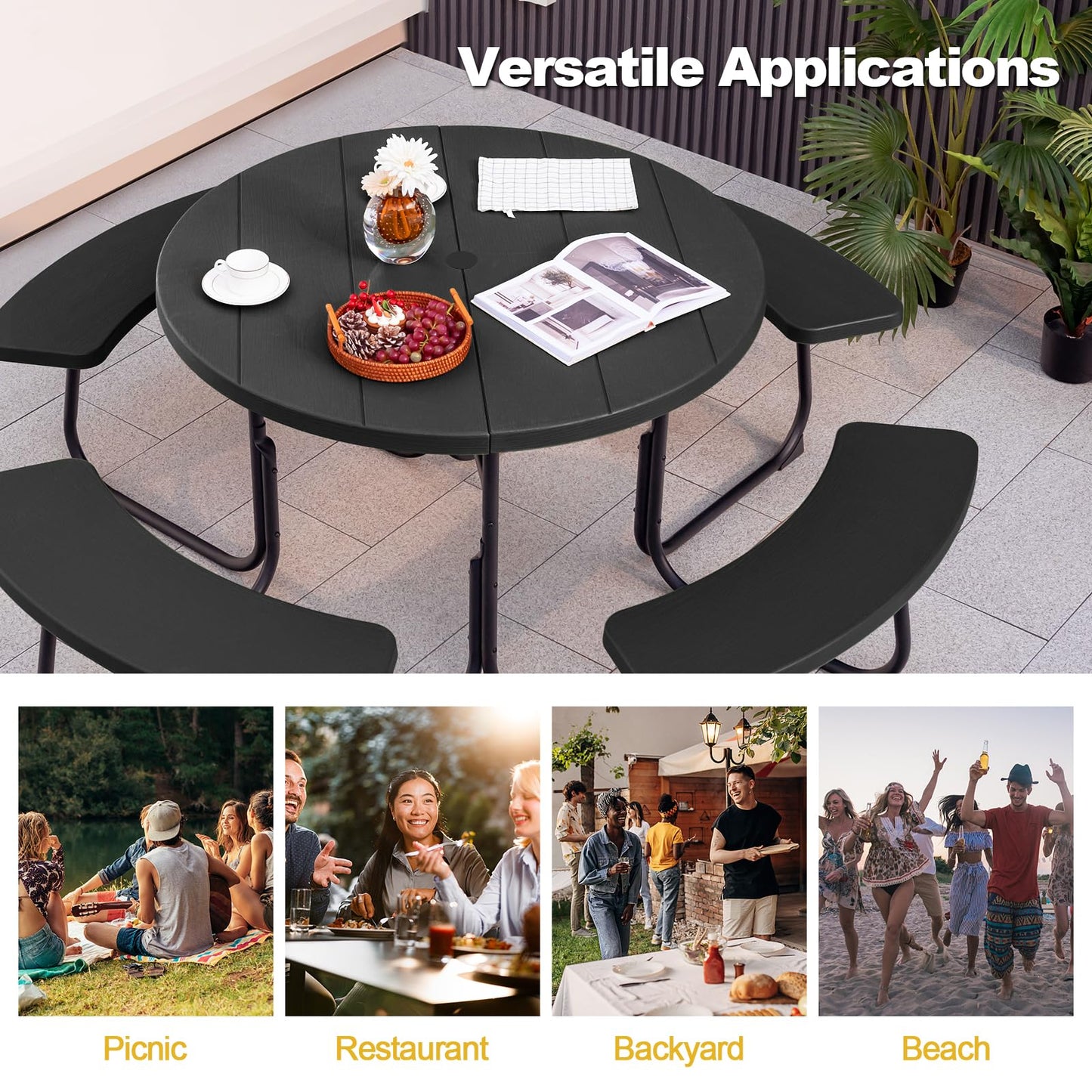 Tangkula 8 Person Picnic Table, Outdoor Round Picnic Table with 4 Built-in Benches, Umbrella Hole, Metal Frame & HDPE Tabletop, Outside Table and Bench Set for Backyard, 2300lbs Weight Capacity