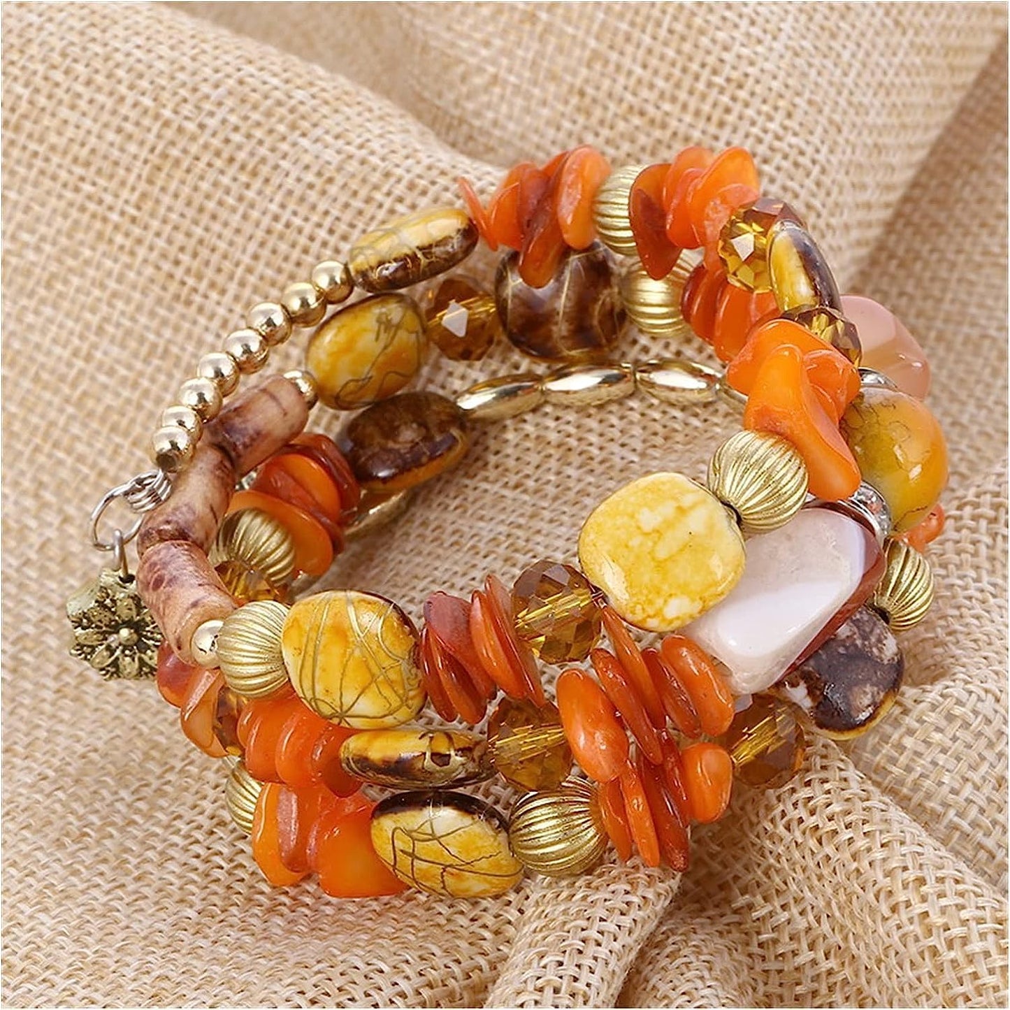 Jewellify Women Retro Crushed Natural Stone Bracelet Multi-Layer Winding Shell Beaded Bracelets (Orange)
