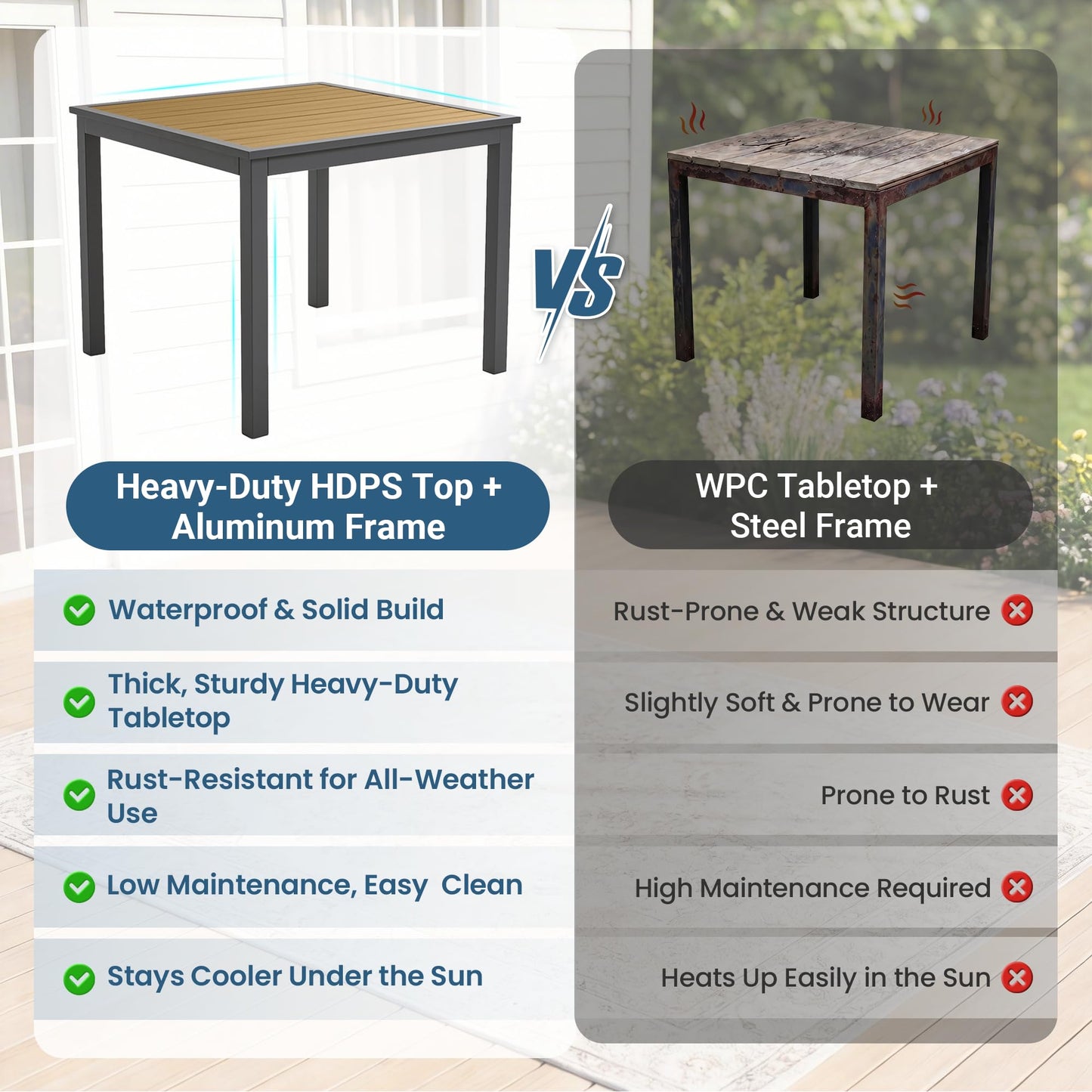Wisteria Lane Patio Table and Chairs for 4, Outdoor Patio Dining Furniture Set with Aluminum Table and Metal Textilene Chairs, All-Weather Patio Table Set with HDPS Square Tabletop for Garden Porch