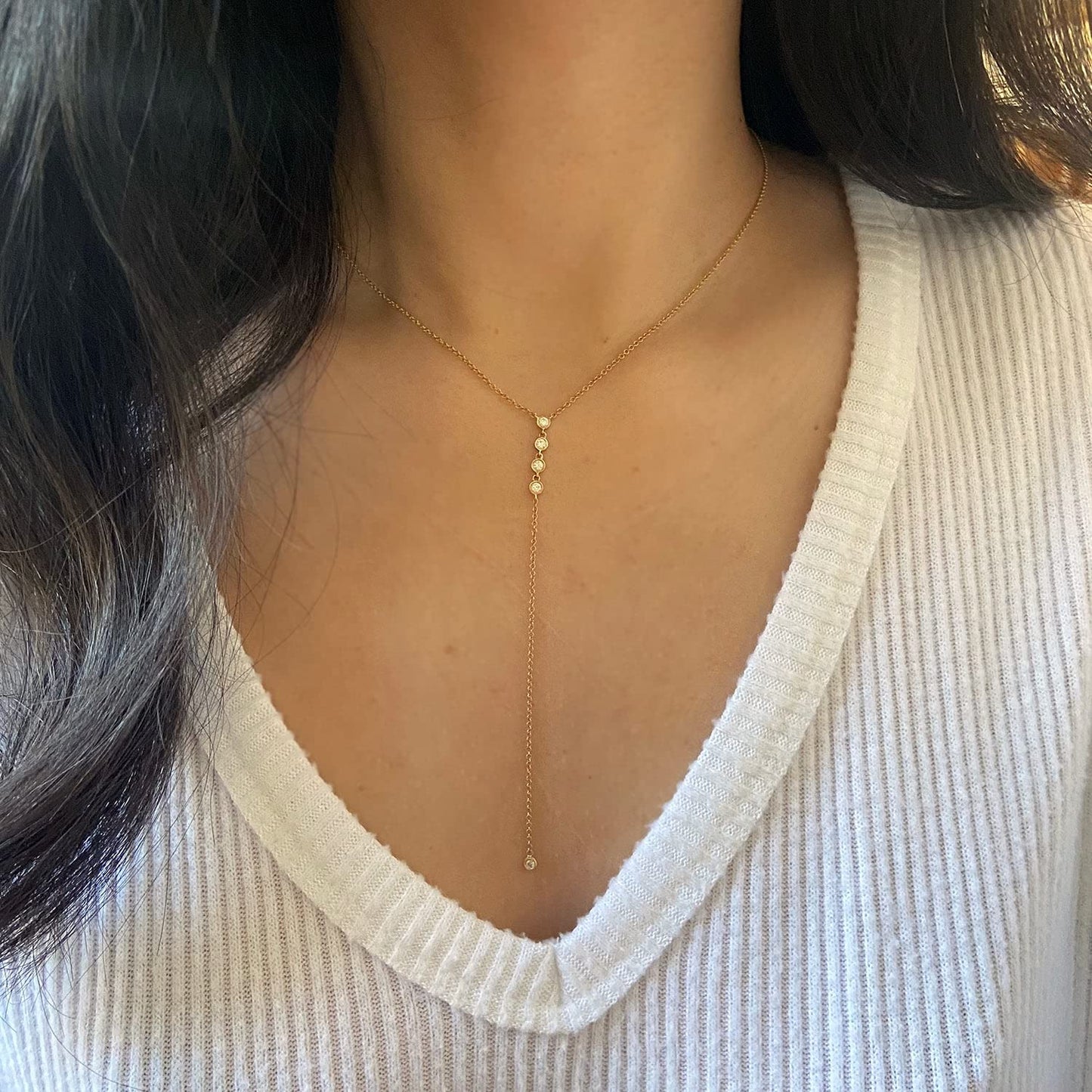 Fwlisesa CZ Teardrop Lariat Necklace for Women, Dainty Long Gold Necklaces 14k Gold Drop Necklace Simple Gold Pendant Necklace Aesthetic Y Necklace Costume Gold Jewelry for Women