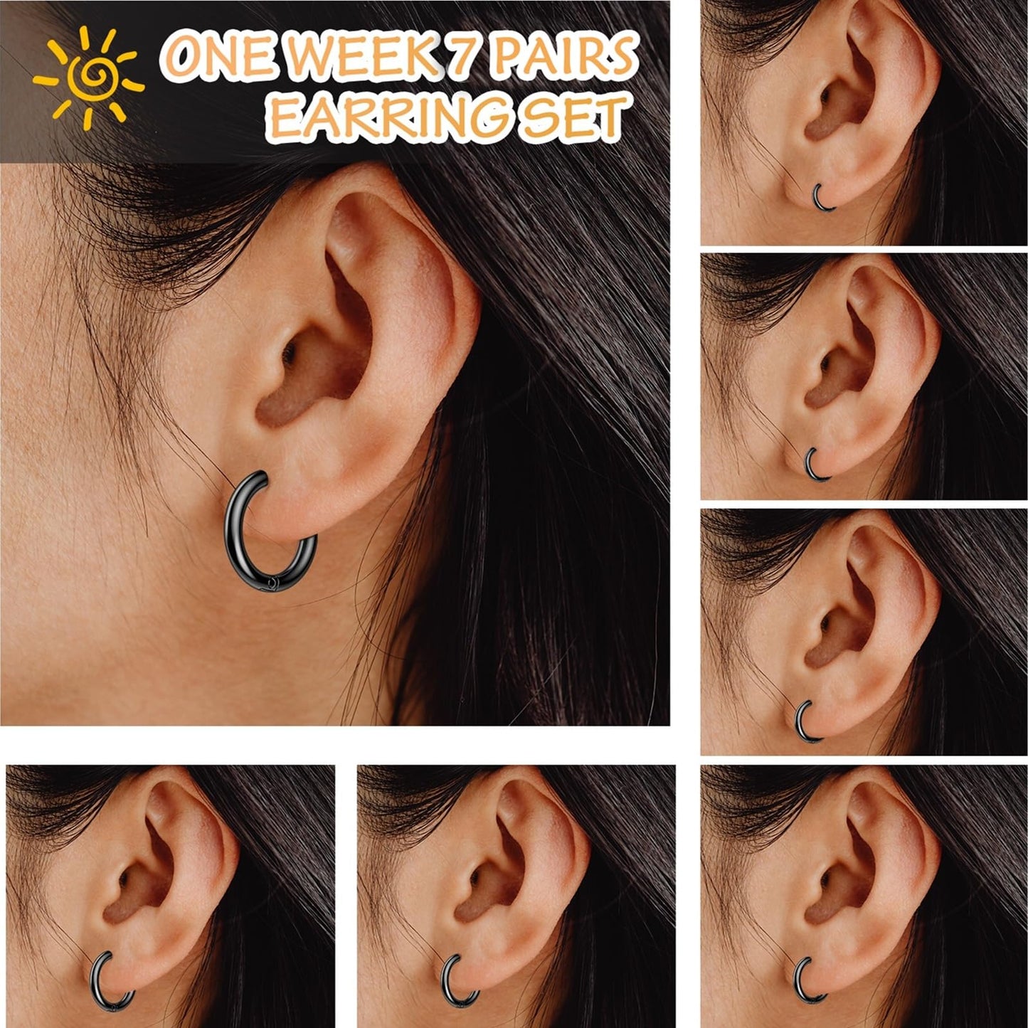 JICHENGEM 7Pairs Hypoallergenic Titanium Stainless Steel Huggie Hoop Earrings Set for Men Women, 8-20mm, Silver Gold Black Jewelry