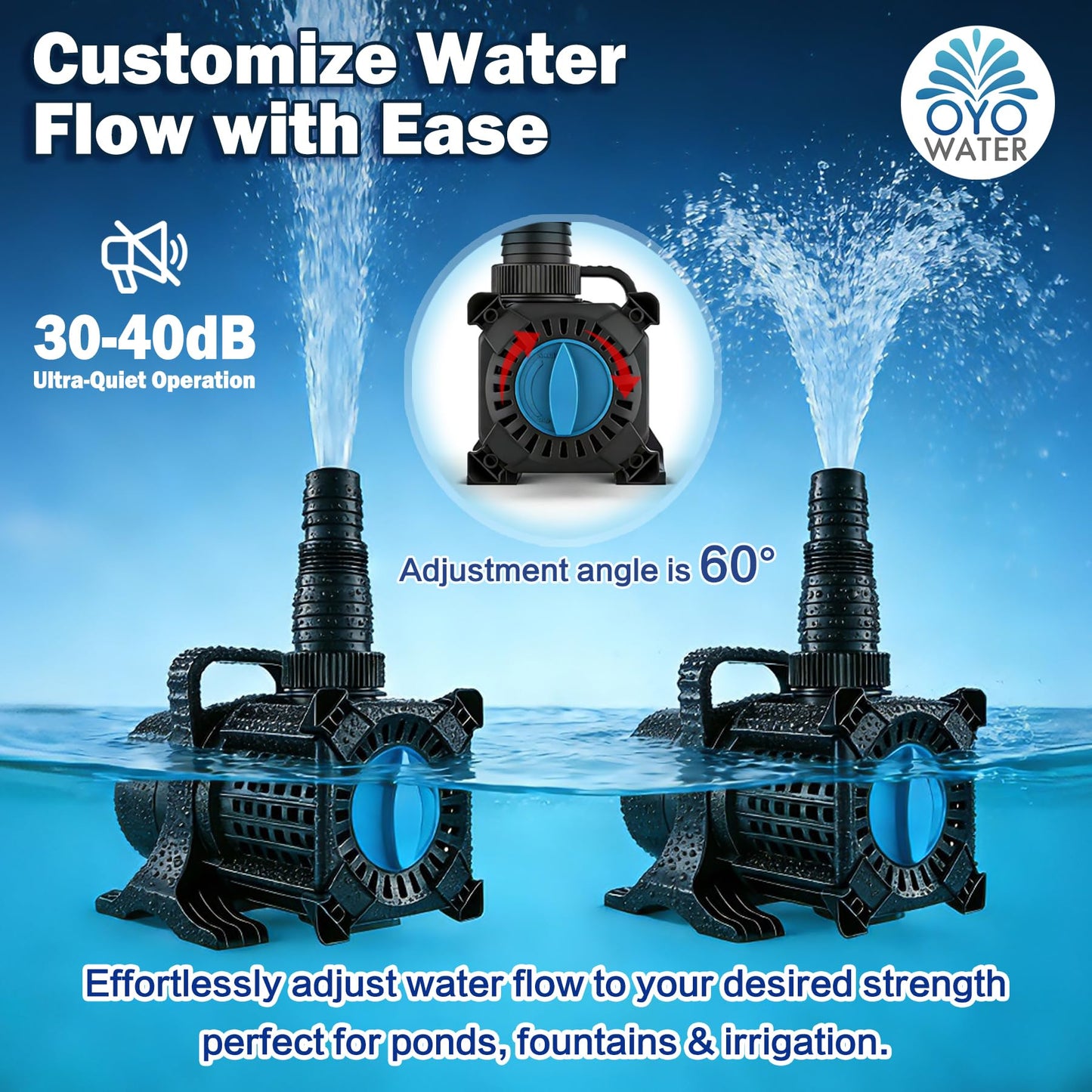 OYO WATER UL-Certified 325W 5100GPH High Flow Adjustable Pond Pump with 20.3ft Power Cord, Submersible Inline Pump for Koi Ponds, Cascades, Drainage, UL Safety Rated for Outdoor Use