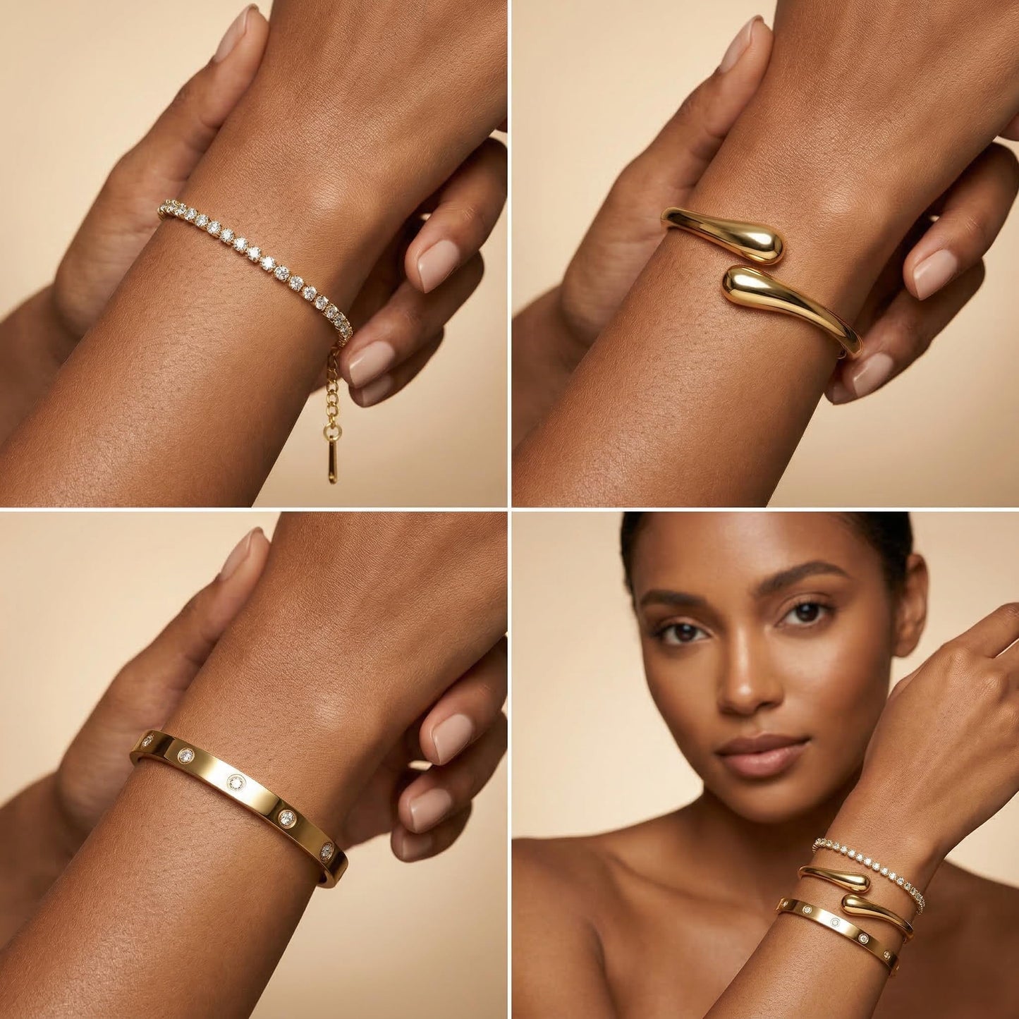 Mothers Day Gifts for Mom 18K Gold-Plated Bracelet Set – Floral Clover, Tennis, Chunky Adjustable Twist Cuff, Classic Gold-plated Bangle Stainless Steel, Non Tarnish, Stackable Bracelet Gift for Women