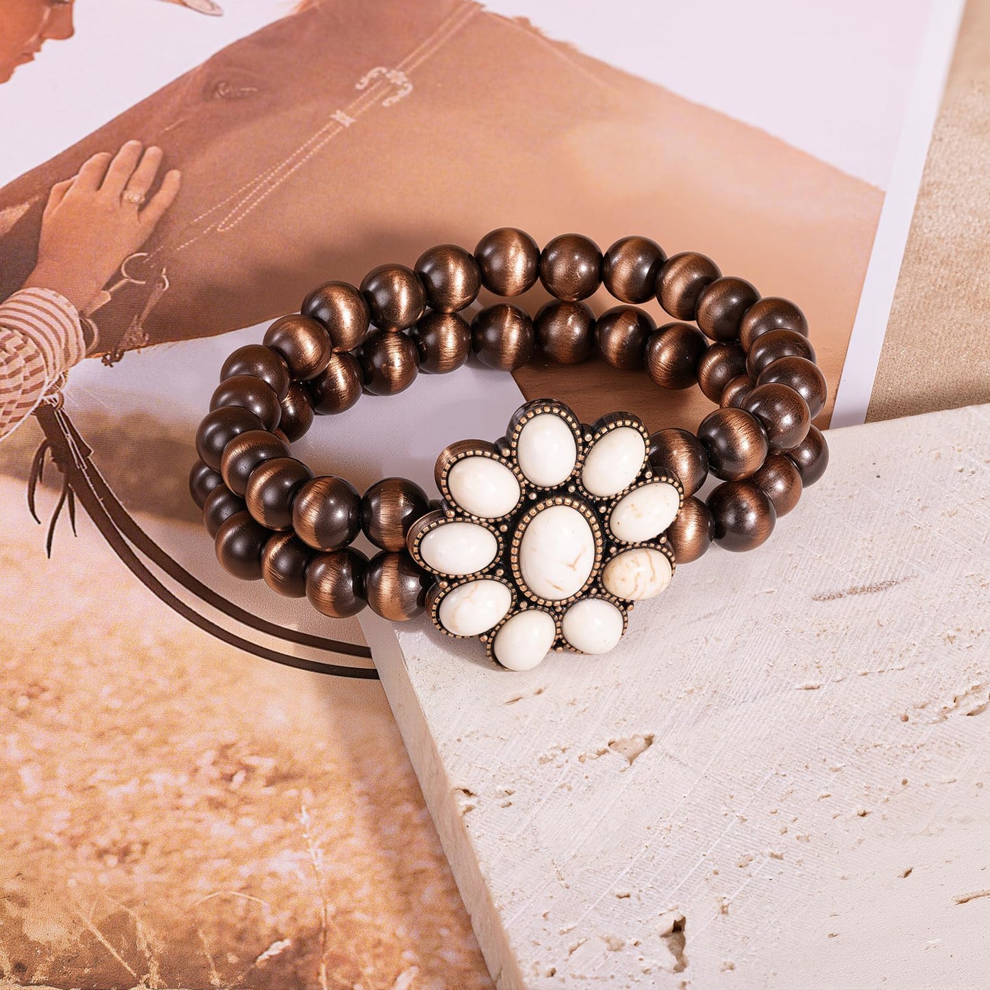 Montana West Rustic Couture's Jewelry Western Navajo Beaded Turquoise Cuff Bangle Bracelets Bohemian Vintage Elastic Bracelet for Women Cowgirl RCW-WH05WT