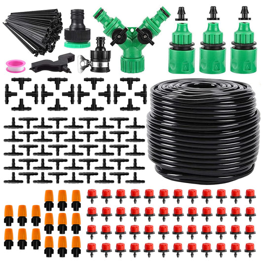AEXHOT Garden Drip Irrigation System,Drip Irrigation Kit with 165FT/50M Drip Irrigation Hose DIY Saving Water Garden Watering System for Garden Greenhouse, Flower Bed, Patio,Lawn