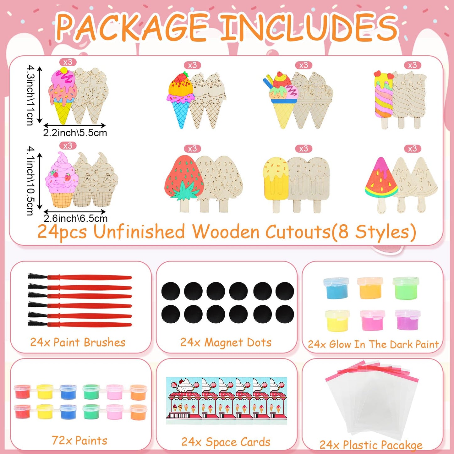 LARDUX 24pcs Ice Cream Party Favors Wood Painting Crafts - 8 Styles Ice Cream Shape Unfinished Woodchips Cutouts Craft Kits with Glow in The Dark Paint DIY Party Favors Birthday Party Decorations