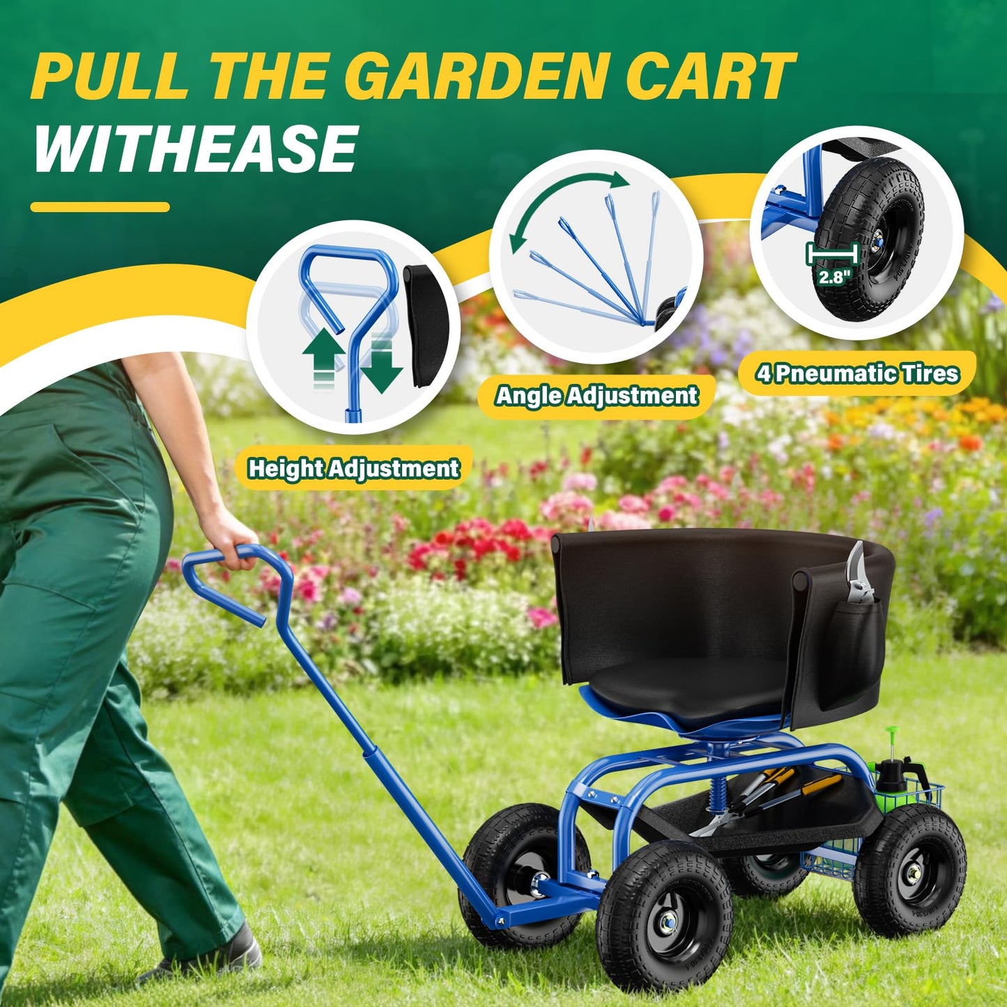 Baotree Garden Seat with Wheels, Rolling Garden Stool with Adjustable 360°Swivel Seat, Storage Basket & Extendable Handle, Outdoor Gardening Scooter, Garden Cart Workseat Stools for Seniors