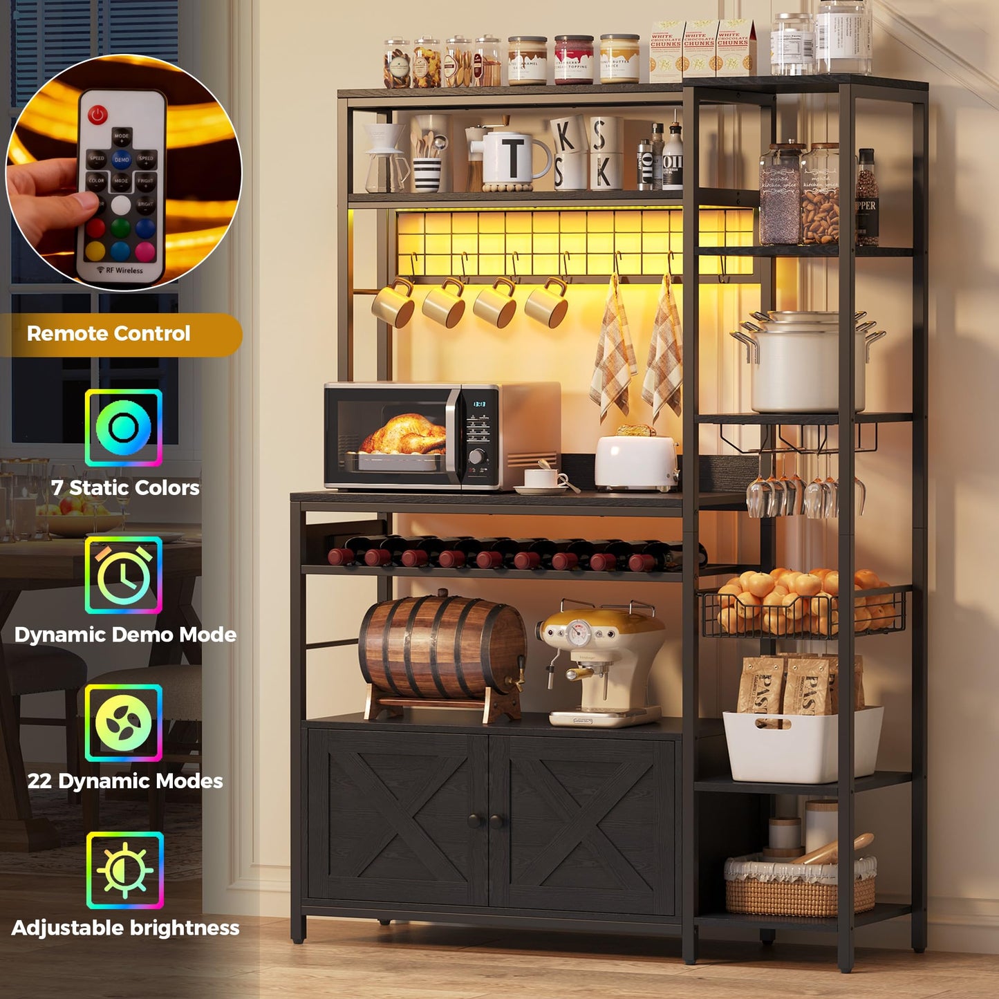 IRONCK Bakers Rack with Power Outlet, Kitchen Microwave Stand with Storage Cabinet, 47.24 Inch Coffee Bar Cabinet, Kitchen Racks with Shelves, LED Light, Globlet Holder and Wine Basket, Black