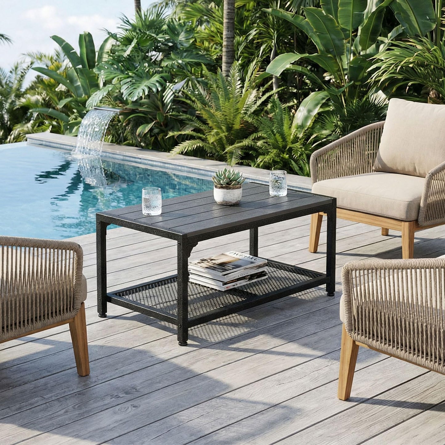 ODK Outdoor Coffee Table with Double-Layer Storage, Rectangle Weather-Resistant Patio Coffee Table for Garden, Balcony, Hot Tub, Poolside, Heavy-Duty Metal Frame, Grey