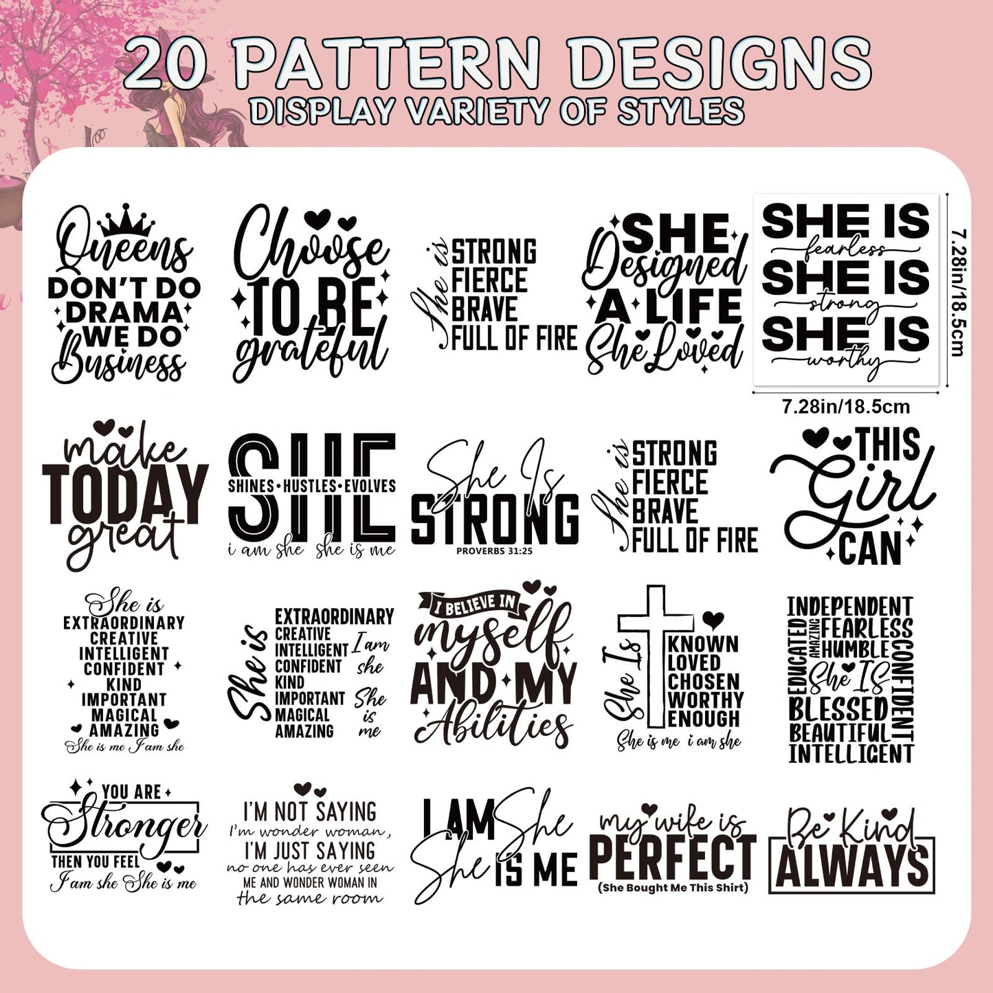 Falueqg Dtf Transfers Ready to Press - 20Pcs Woman Affirmation Iron on Transfer for Tshirts, Inspirational Positive Quotes Iron on Decals Patches, Motivational Heat Stickers for DIY Clothes Bags