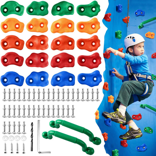 OSPNIEEK 20 PCS Rock Climbing Holds for Kids, Adult Rock Wall Climbing Kit with Handles and Mounting Hardware, Multi-Colored Climbing Wall Grips for Indoor and Outdoor Playground Accessories Play Set