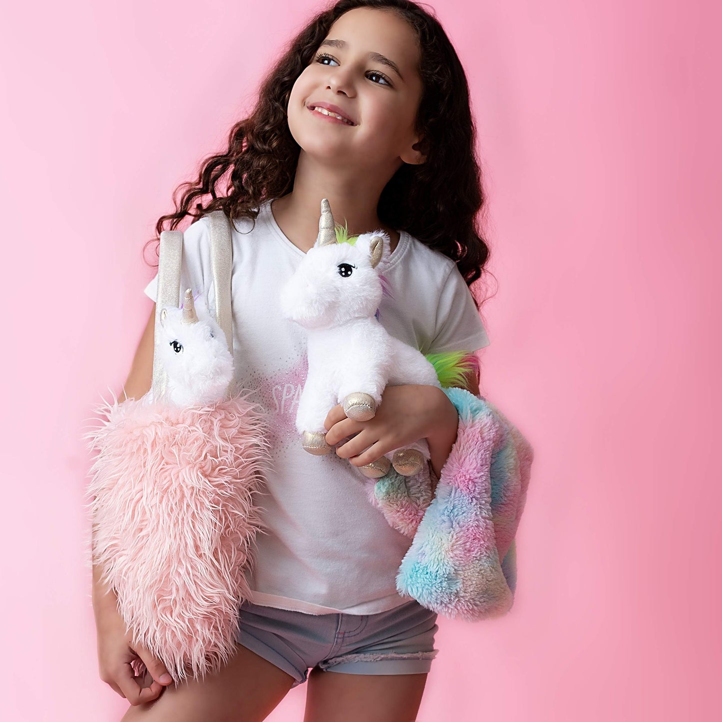 Perfectto Design Unicorn Toy for Girls Age 3, 4, 5. 4 PCS Set - Mommy Baby Stuffed Animal, Bag and a Doll Blanket. Unicorn Gift for 3-6 Year Old Girl Birthday or Christmas. (White Rainbow)